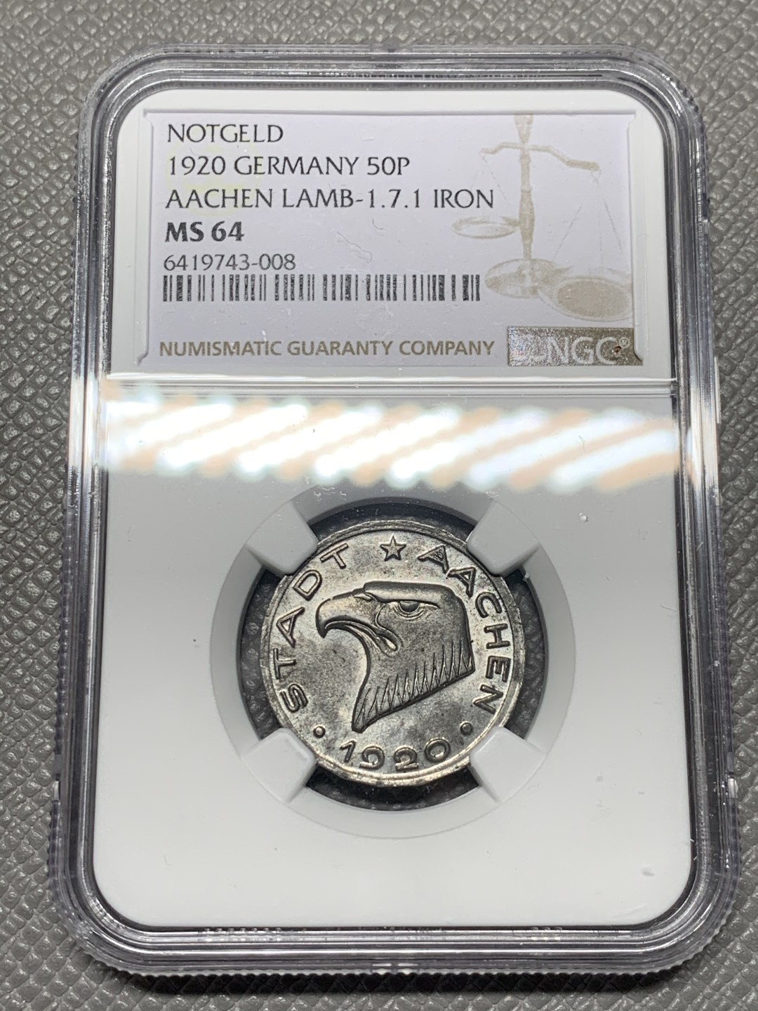 《竞宝斋》第121场-周日，周一 ，2场连拍（全场包邮） 冠军分 NGC-MS64 德紧小名誉品 德国亚琛1920年大嘴鹰50芬尼铁币