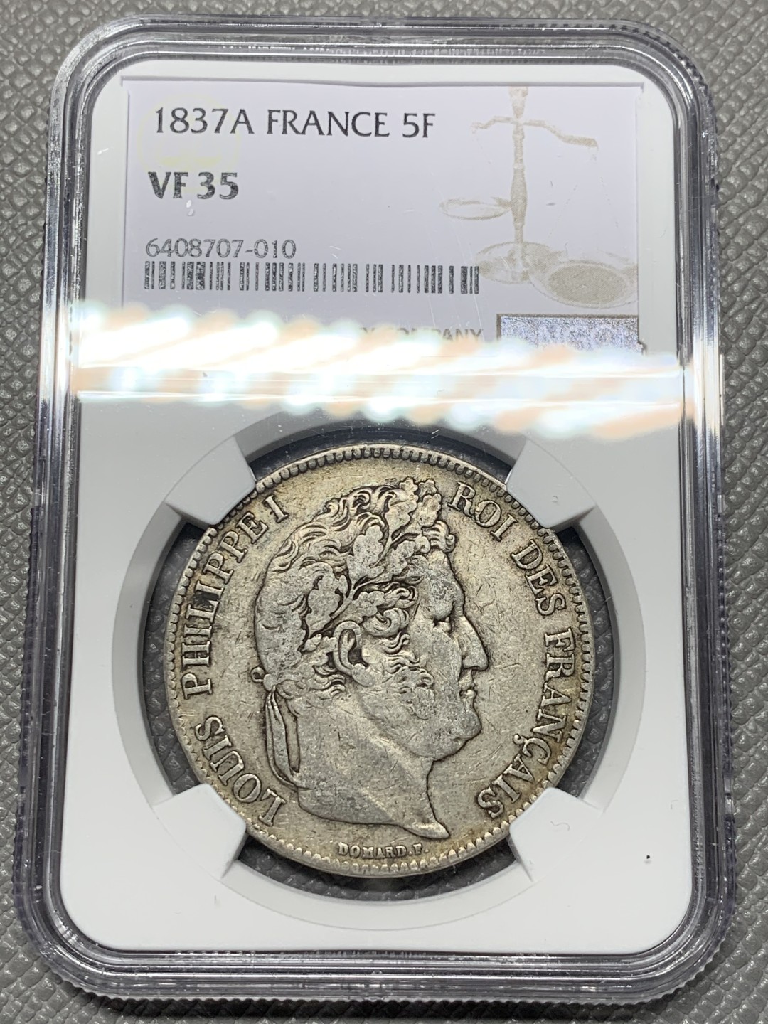 《竞宝斋》第121场-周日，周一 ，2场连拍（全场包邮） NGC-VF35 法国1837年 菲利普一世 5法郎大银币 原味好品