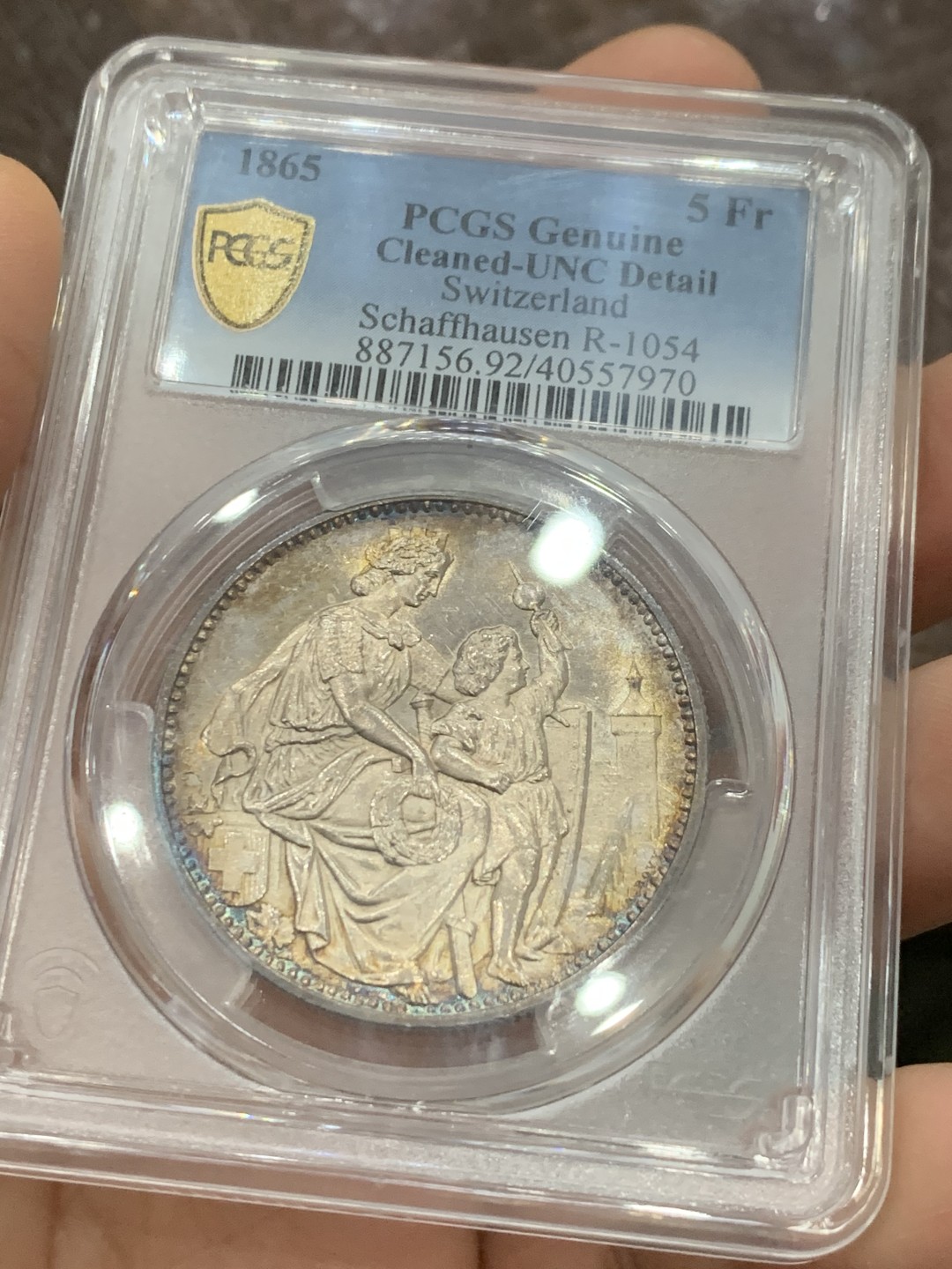 《竞宝斋》第121场-周日，周一 ，2场连拍（全场包邮） PCGS UNC 瑞士1865年 沙夫豪森狩猎节大银币 彩的无以复加 太好看了，色迷心窍的感觉 见图见视频