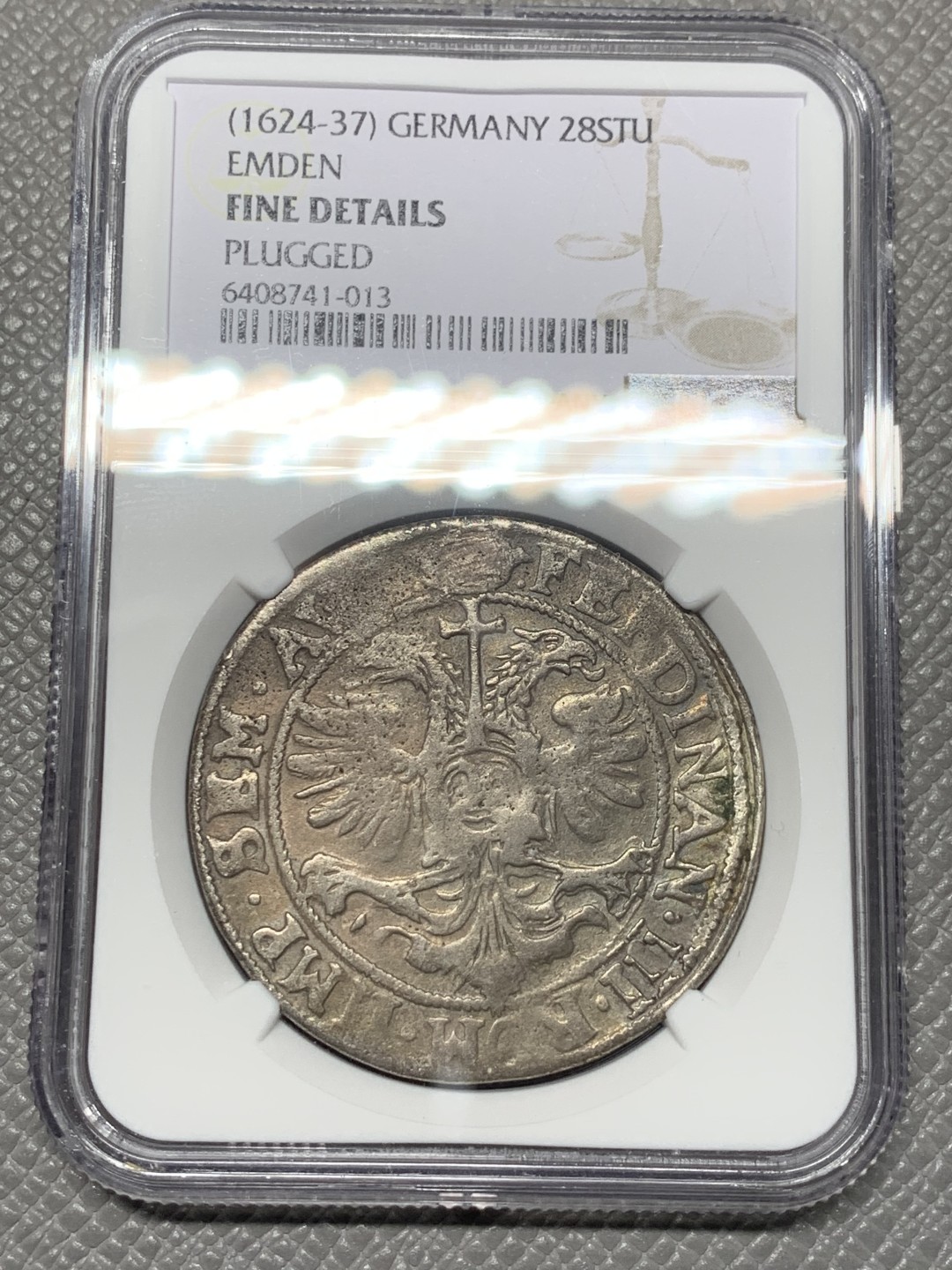 《竞宝斋》第121场-周日，周一 ，2场连拍（全场包邮） NGC-FINE 德国埃姆登 1624年 28S 双头鹰大银币 稀少品种