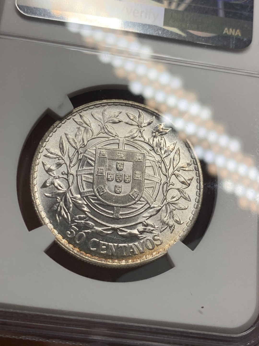 《竞宝斋》第121场-周日，周一 ，2场连拍（全场包邮） NGC-MS63 葡萄牙1916年 自由女神 50分银币 顶级品相