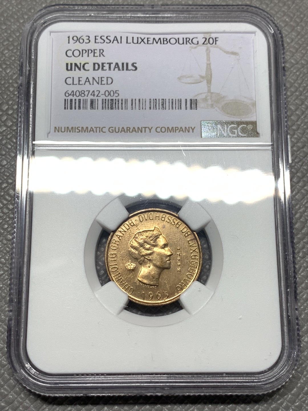 《竞宝斋》第121场-周日，周一 ，2场连拍（全场包邮） NGC-UNC 卢森堡 1963年 ESSAI厂 20法郎 铜制样币 入盒一共四枚非常稀少