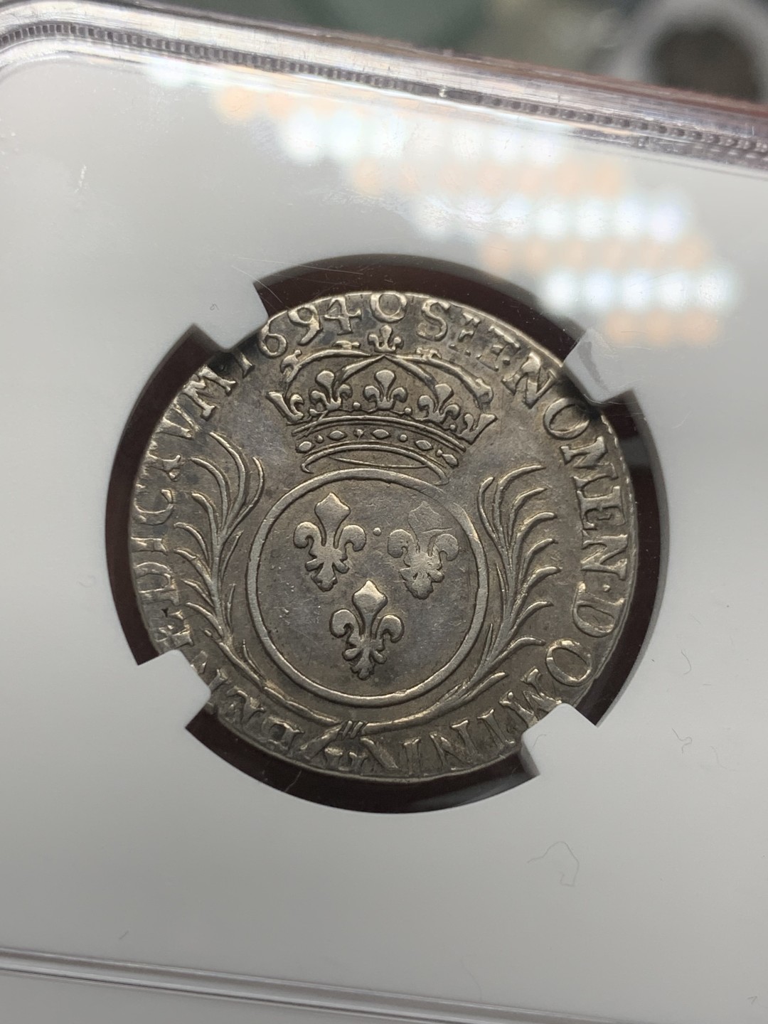 《竞宝斋》第121场-周日，周一 ，2场连拍（全场包邮） NGC XF 法国 1694年H版 路易十四 太阳王 1/4埃居 银币 这个比较少见 双面深打就更不容易了