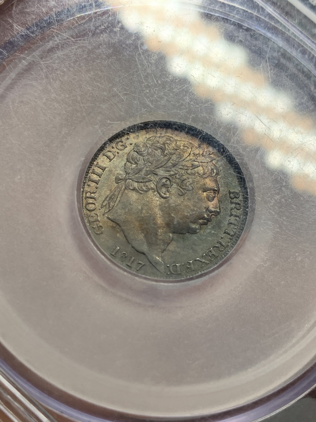 《竞宝斋》第121场-周日，周一 ，2场连拍（全场包邮） 英国 本土评级CGS UNC80  1817年 乔三 6便士银币 深彩包浆细节好