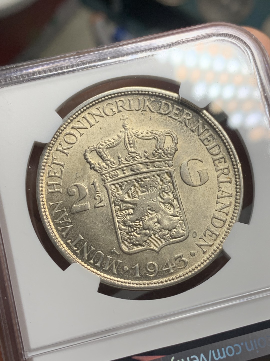 《竞宝斋》第121场-周日，周一 ，2场连拍（全场包邮） NGC-MS62 荷属东印度 1943年 威廉米娜女王2.5盾大银币 殖民地银币暴涨系列