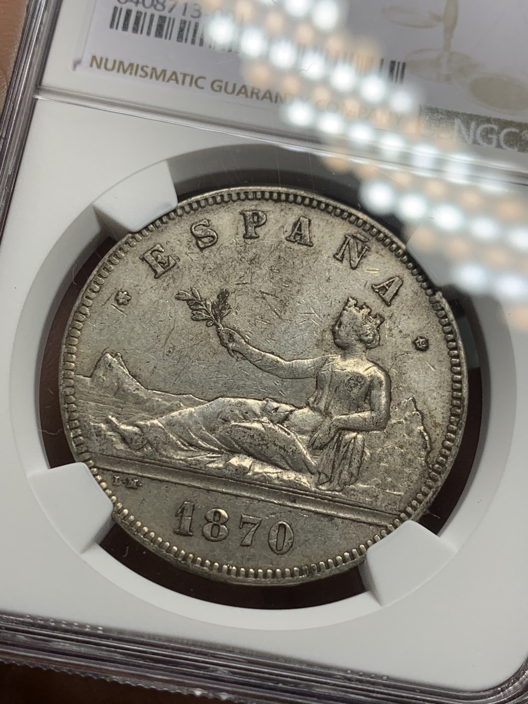 《竞宝斋》第121场-周日，周一 ，2场连拍（全场包邮） NGC-XF40 西班牙1870年 坐花5比塞塔 双柱大银币 原味好品 出分难得