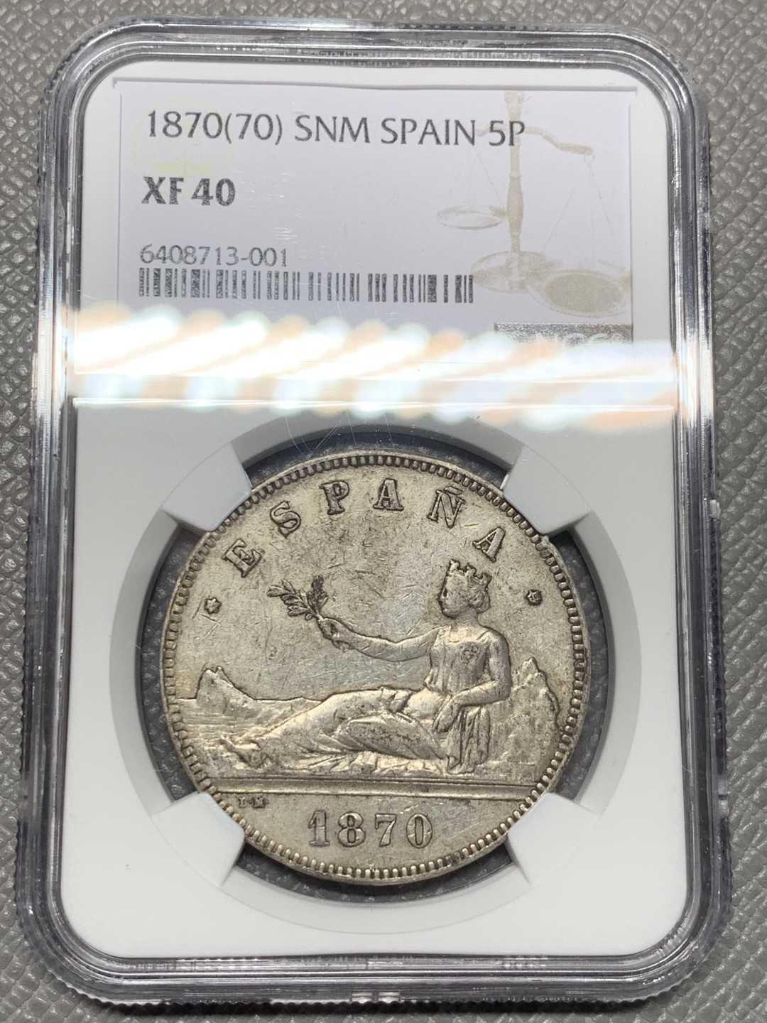 《竞宝斋》第121场-周日，周一 ，2场连拍（全场包邮） NGC-XF40 西班牙1870年 坐花5比塞塔 双柱大银币 原味好品 出分难得