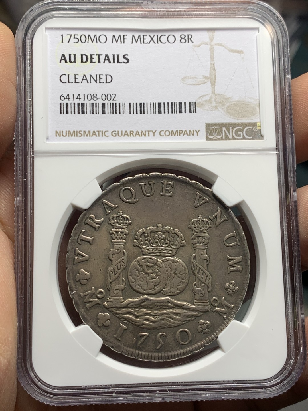 《竞宝斋》第121场-周日，周一 ，2场连拍（全场包邮） NGC AU 墨西哥 1750年MO MF 中期 地球双柱大银币 打制深邃浑厚 难得状态