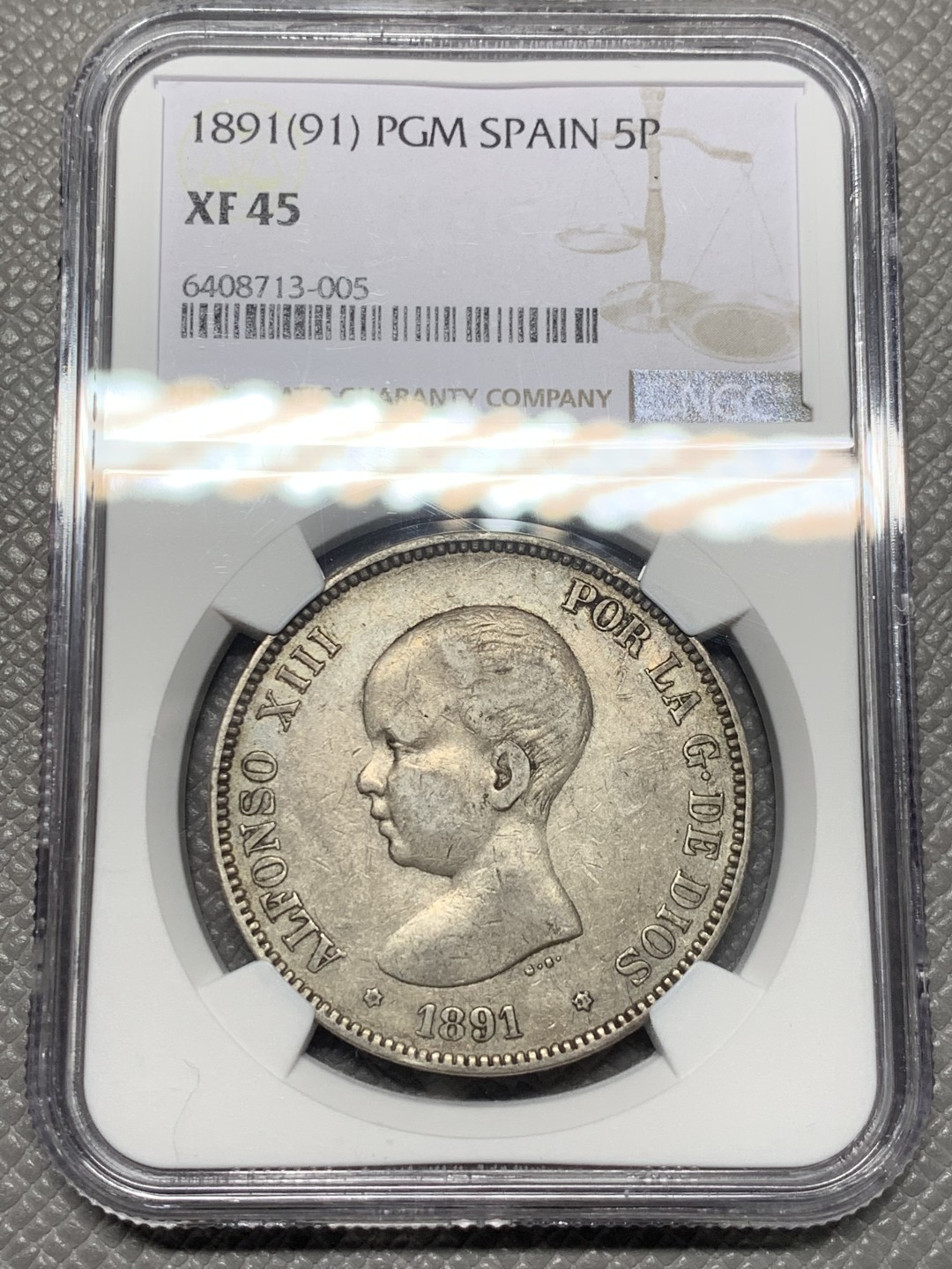 《竞宝斋》第121场-周日，周一 ，2场连拍（全场包邮） NGC-XF45 西班牙1891年 阿方索十三世 5比塞塔双柱大银币 原味好品