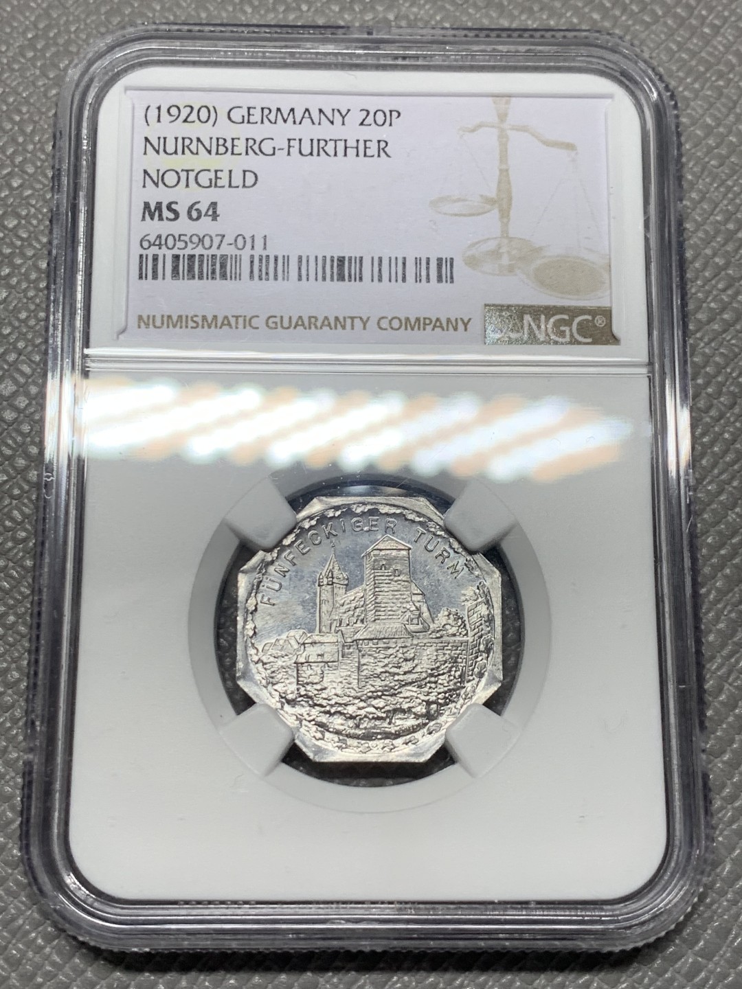 《竞宝斋》第121场-周日，周一 ，2场连拍（全场包邮） NGC-MS64 德国紧急状态货币 1920年纽伦堡八角电车代币 经典设计