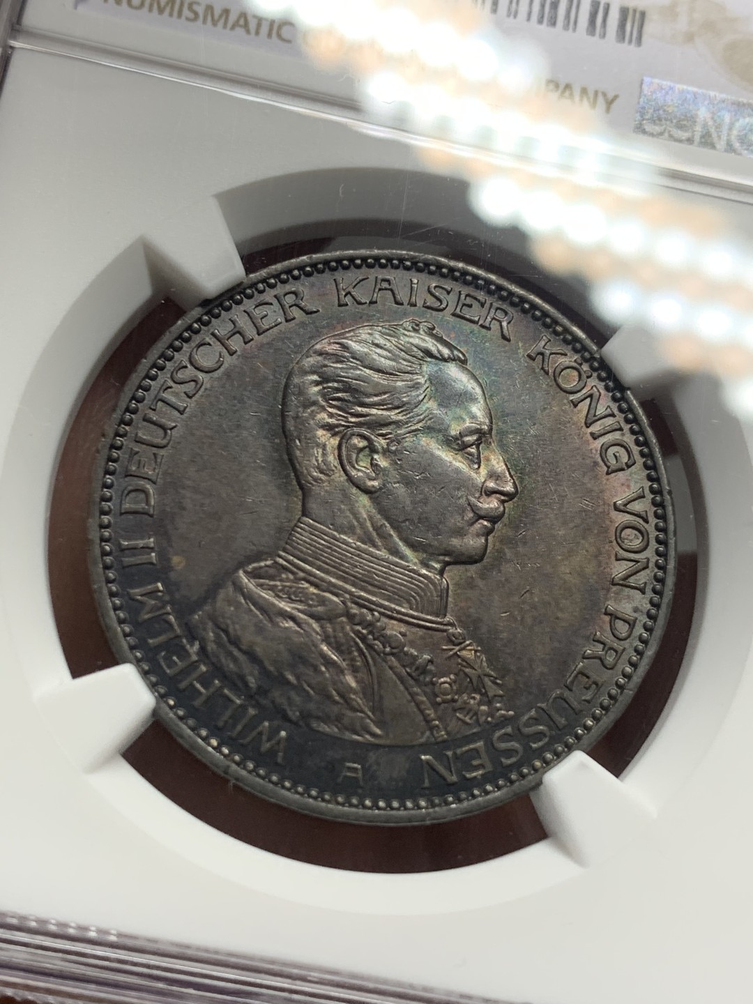 《竞宝斋》第121场-周日，周一 ，2场连拍（全场包邮） NGC-MS61 德国普鲁士1914年 军装版 3马克银币 深五彩包浆 顶级包浆