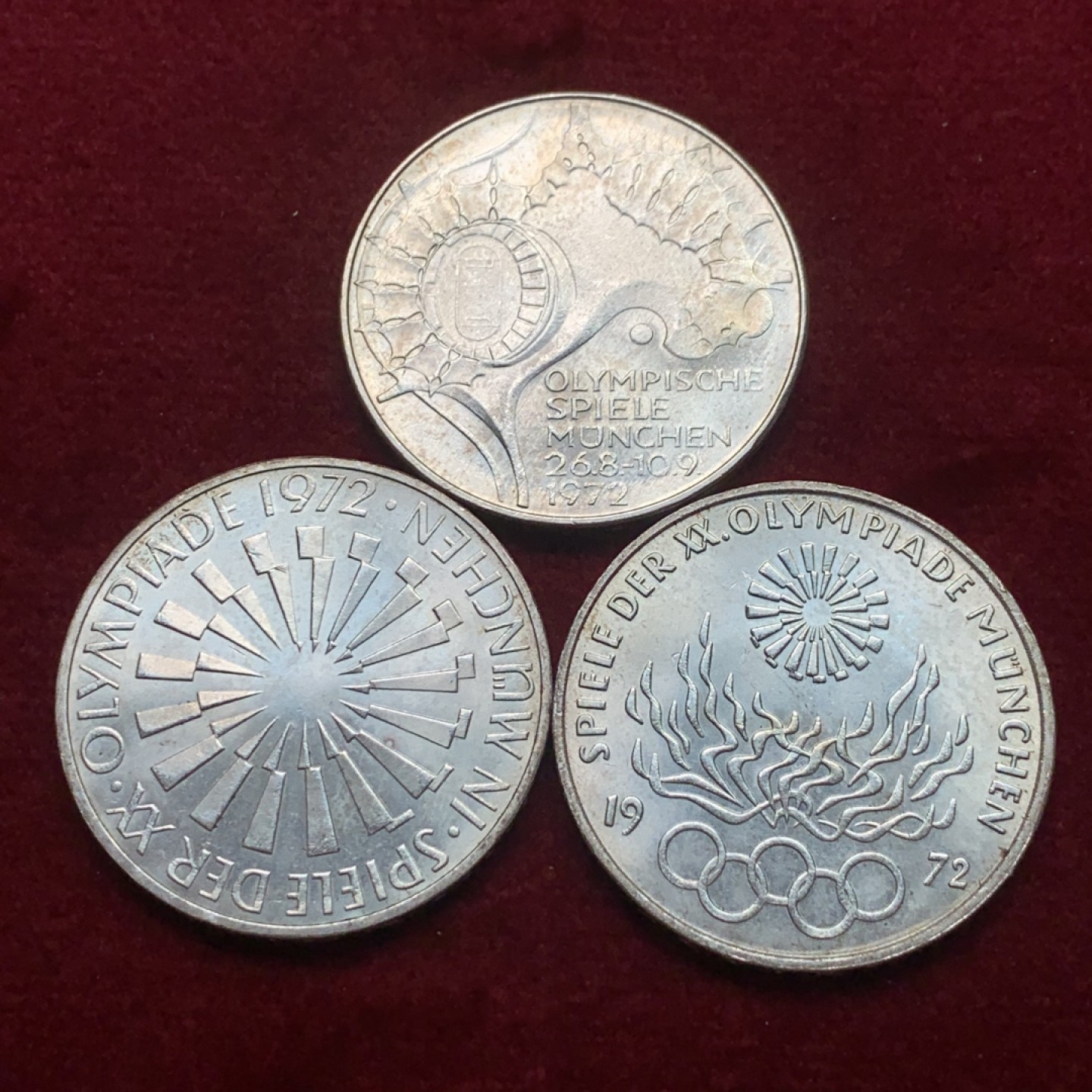 《竞宝斋》第121场-周日，周一 ，2场连拍（全场包邮） 德国1972年慕尼黑奥运会纪念10马克银币一组3枚 单枚重量15.5克