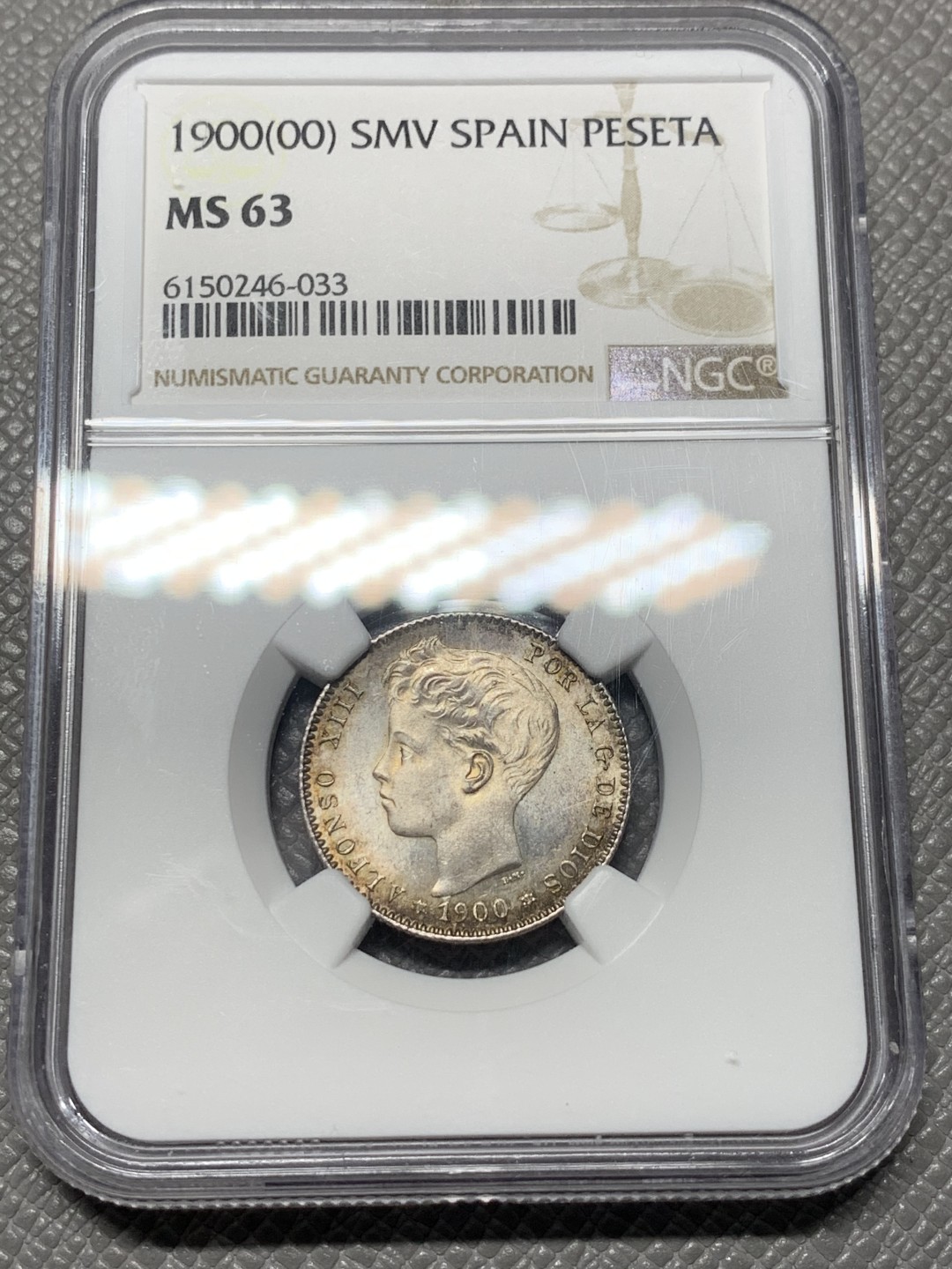 《竞宝斋》第121场-周日，周一 ，2场连拍（全场包邮） NGC MS63 西班牙 1900 阿方索十三世 1比塞塔 银币 正反深五彩 比起5P 少见太多 这枚太漂亮