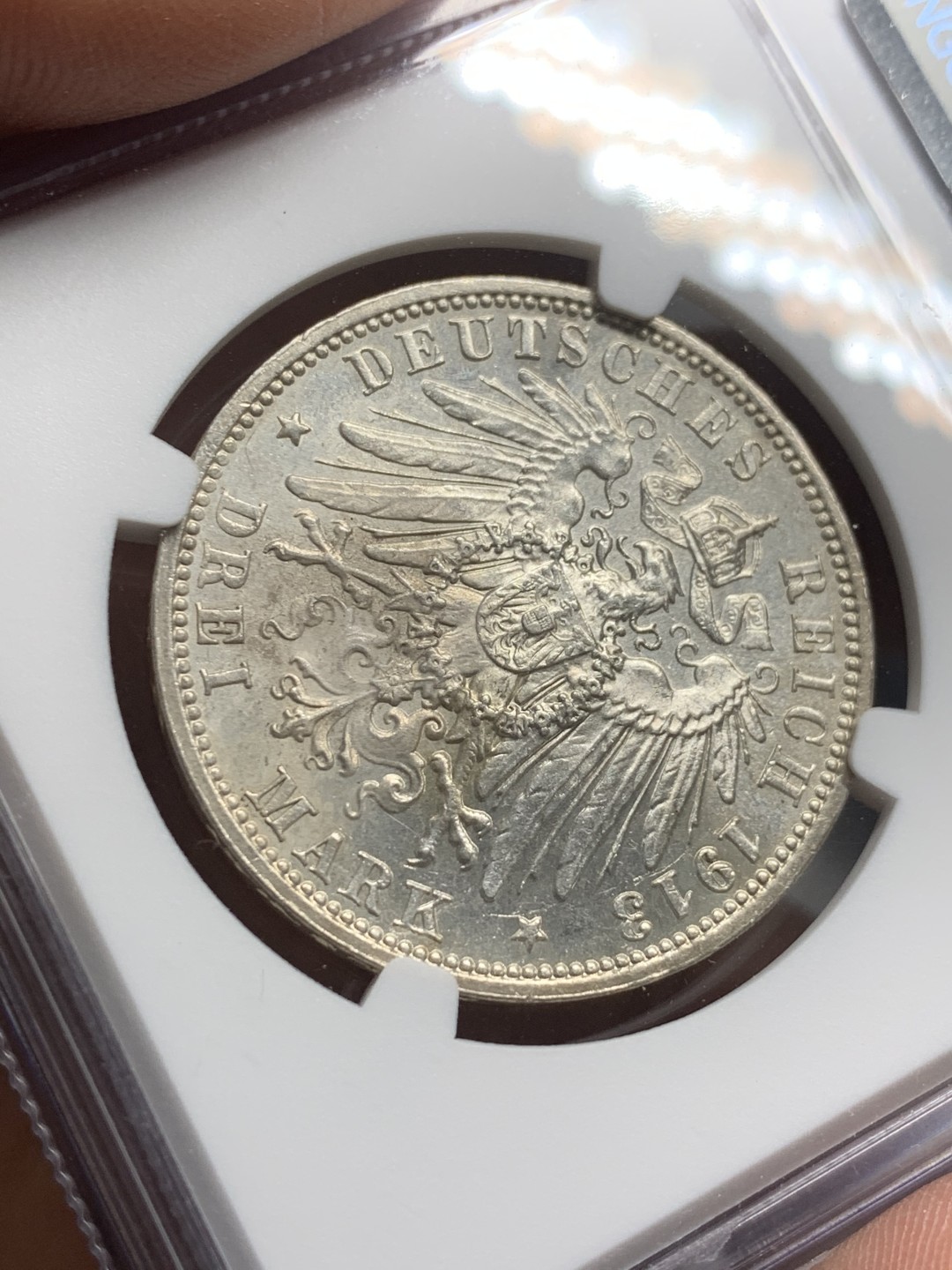 《竞宝斋》第121场-周日，周一 ，2场连拍（全场包邮） NGC-UNC 德国 1913年 莱比锡纪功碑3马克 银币