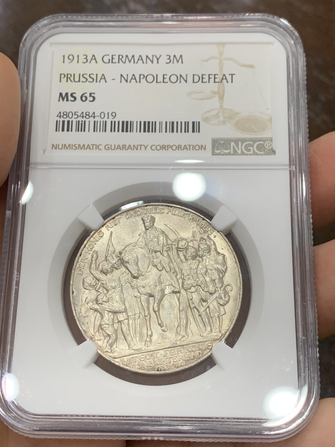 《竞宝斋》第121场-周日，周一 ，2场连拍（全场包邮） NGC-MS65 德国 1913年 德意志帝国普鲁士反法战争胜利100周年纪念 3马克 银币