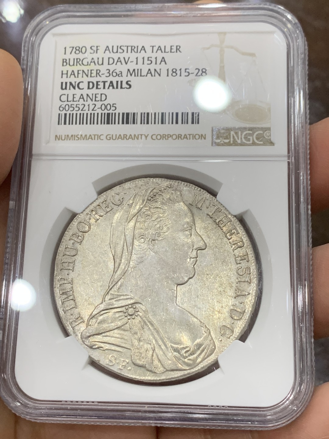 《竞宝斋》第121场-周日，周一 ，2场连拍（全场包邮） NGC UNC评级 奥地利 1780年原铸大奶妈 米兰版 发行时间在1815-1828年 目录编号36a