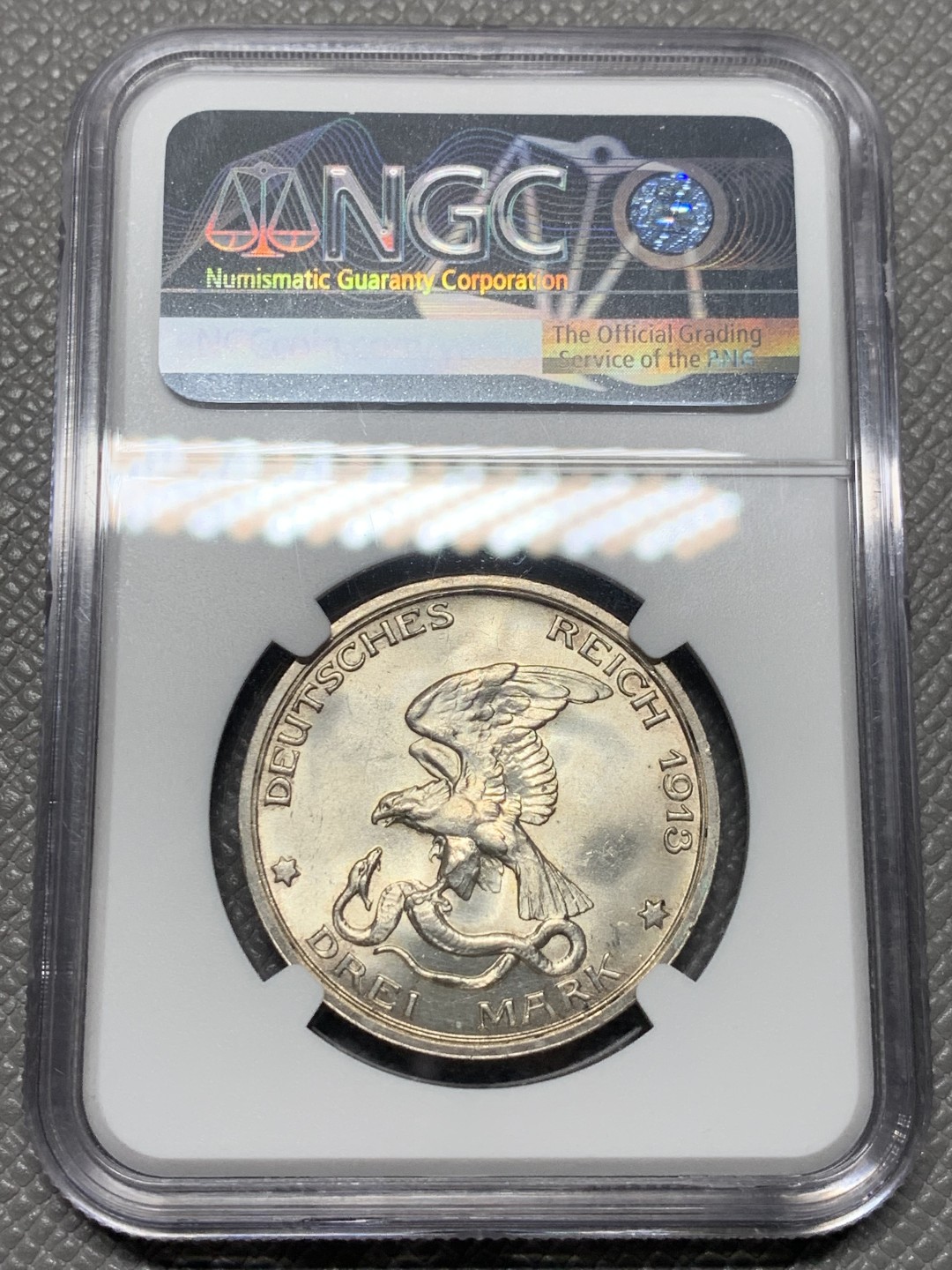 《竞宝斋》第121场-周日，周一 ，2场连拍（全场包邮） NGC-MS65 德国 1913年 德意志帝国普鲁士反法战争胜利100周年纪念 3马克 银币