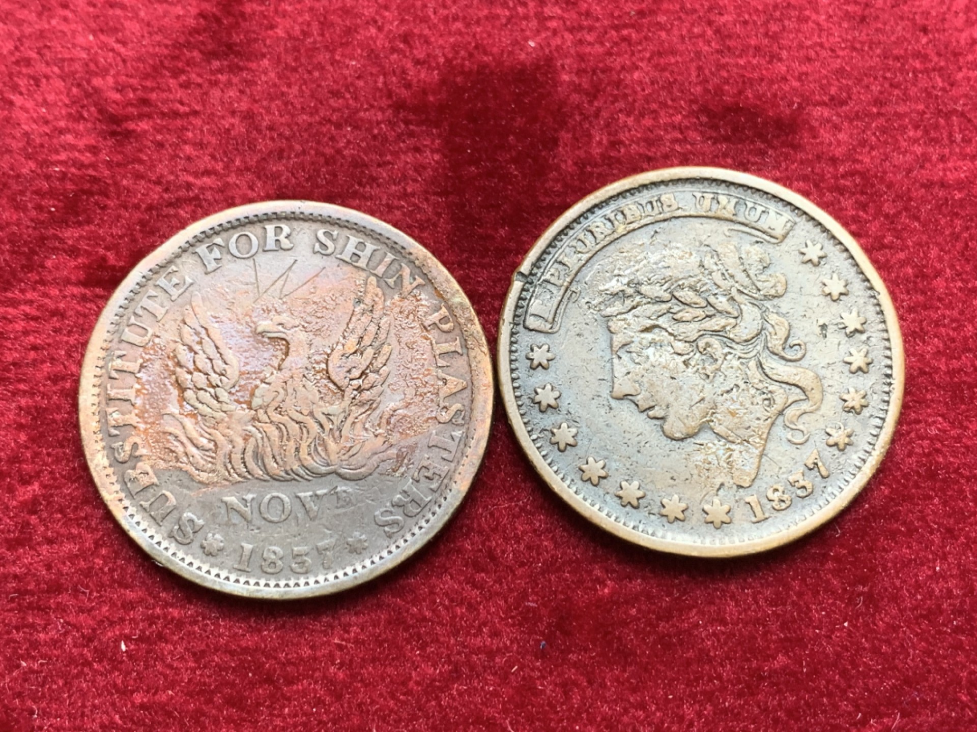 《竞宝斋》第121场-周日，周一 ，2场连拍（全场包邮） 美国代币一对 1837年 艰难时代 代用币 TOKEN非常 厚重，1837作为美国第一次大萧条的首年 细节见图 轻微不平