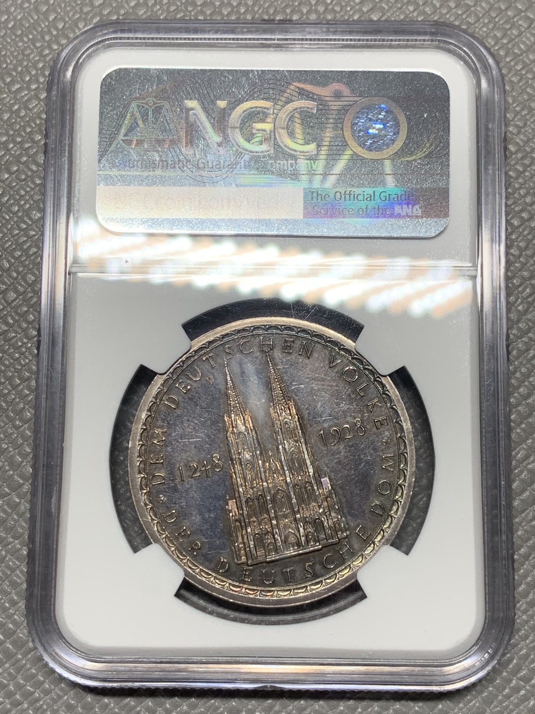 《竞宝斋》第121场-周日，周一 ，2场连拍（全场包邮） NGC MS62DPL 1928年德国科隆大教堂纪念银章 难得深镜面DPL底板