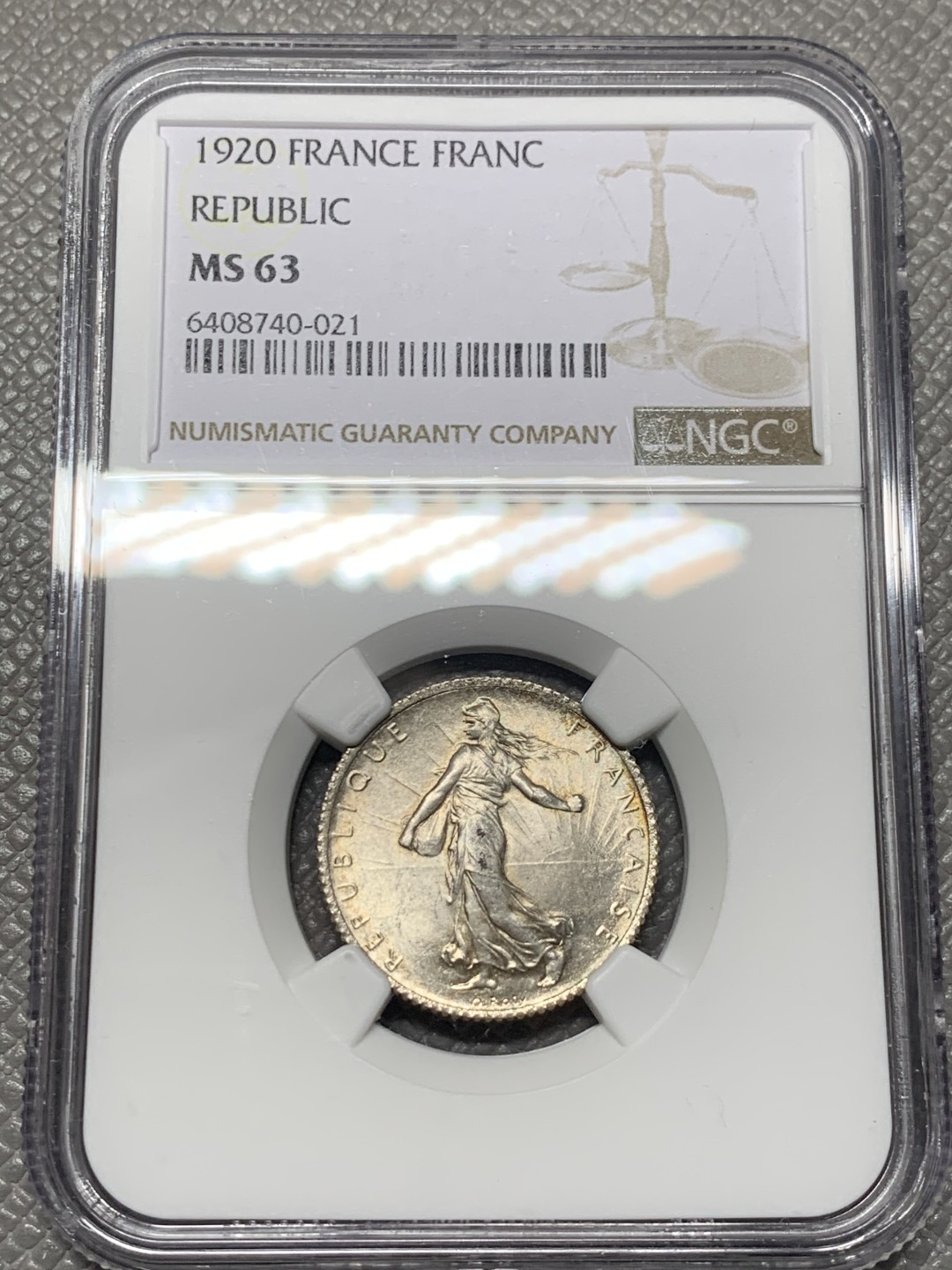 《竞宝斋》第121场-周日，周一 ，2场连拍（全场包邮） NGC-MS63 法国1920年 播种女神 1法郎银币 顶级品相