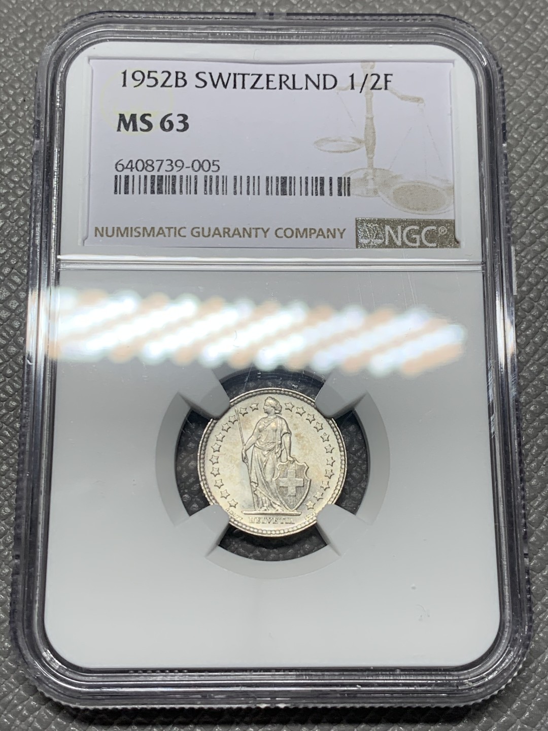 《竞宝斋》第121场-周日，周一 ，2场连拍（全场包邮） NGC-MS63 瑞士1952年 1/2法郎银币 顶级好品