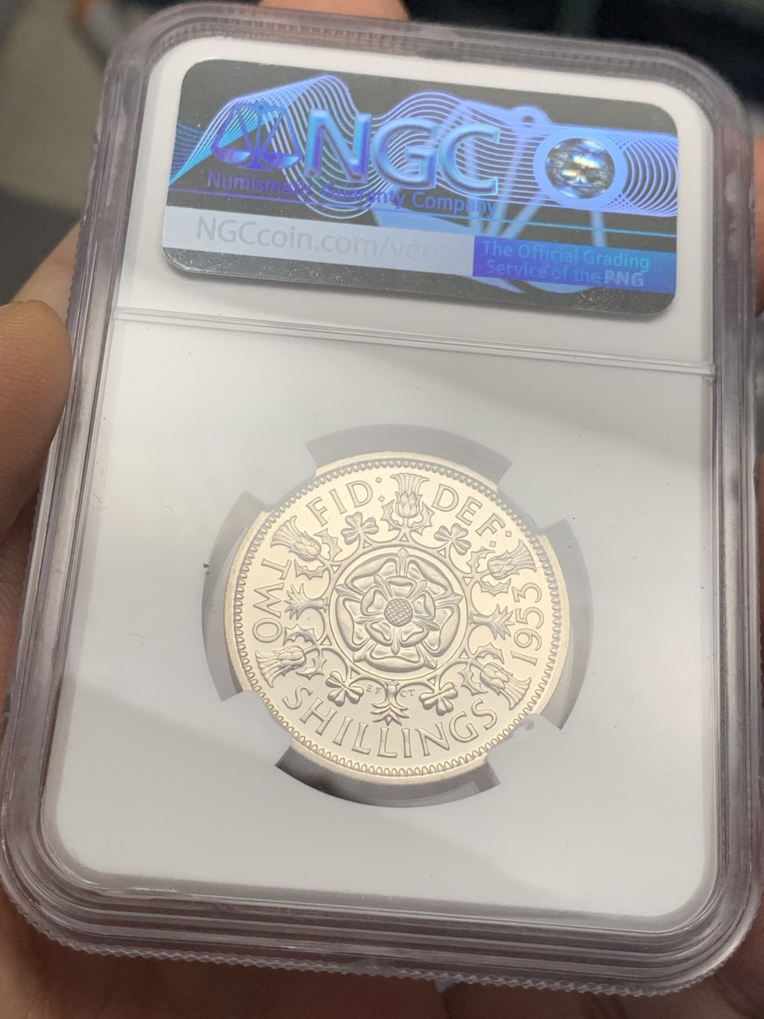 《竞宝斋》第121场-周日，周一 ，2场连拍（全场包邮） NGC PF63CAMEO 英国 伊丽莎白二世 登基纪念 1953年2先令精制镍币