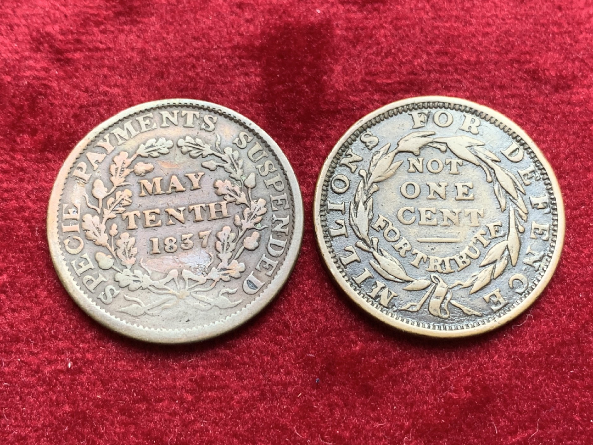 《竞宝斋》第121场-周日，周一 ，2场连拍（全场包邮） 美国代币一对 1837年 艰难时代 代用币 TOKEN非常 厚重，1837作为美国第一次大萧条的首年 细节见图 轻微不平