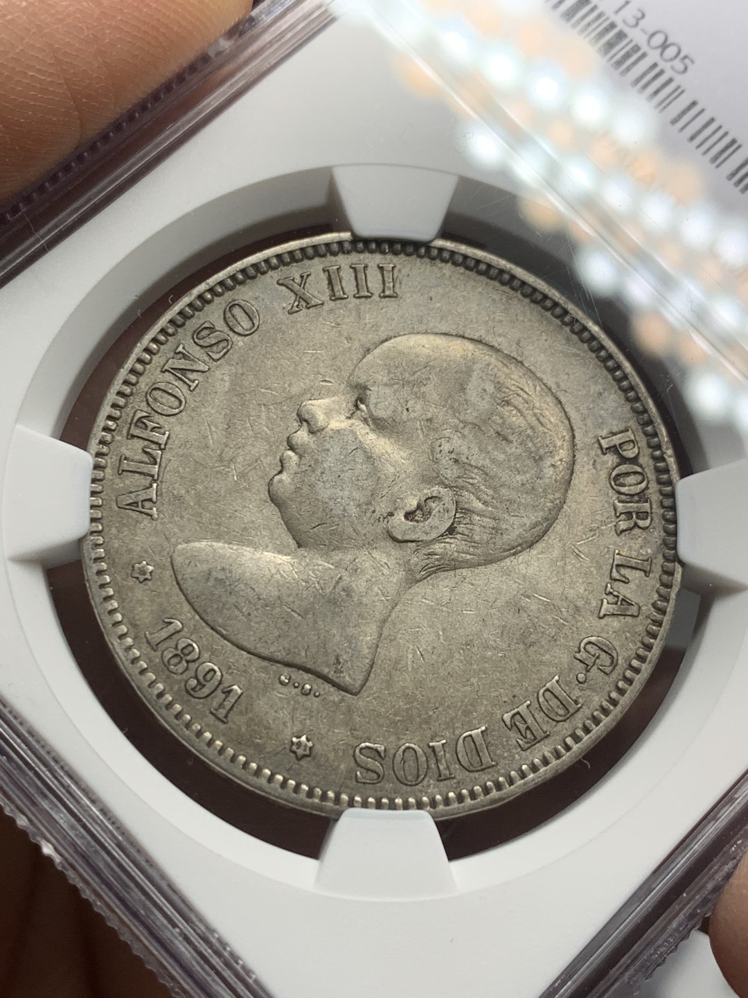 《竞宝斋》第121场-周日，周一 ，2场连拍（全场包邮） NGC-XF45 西班牙1891年 阿方索十三世 5比塞塔双柱大银币 原味好品