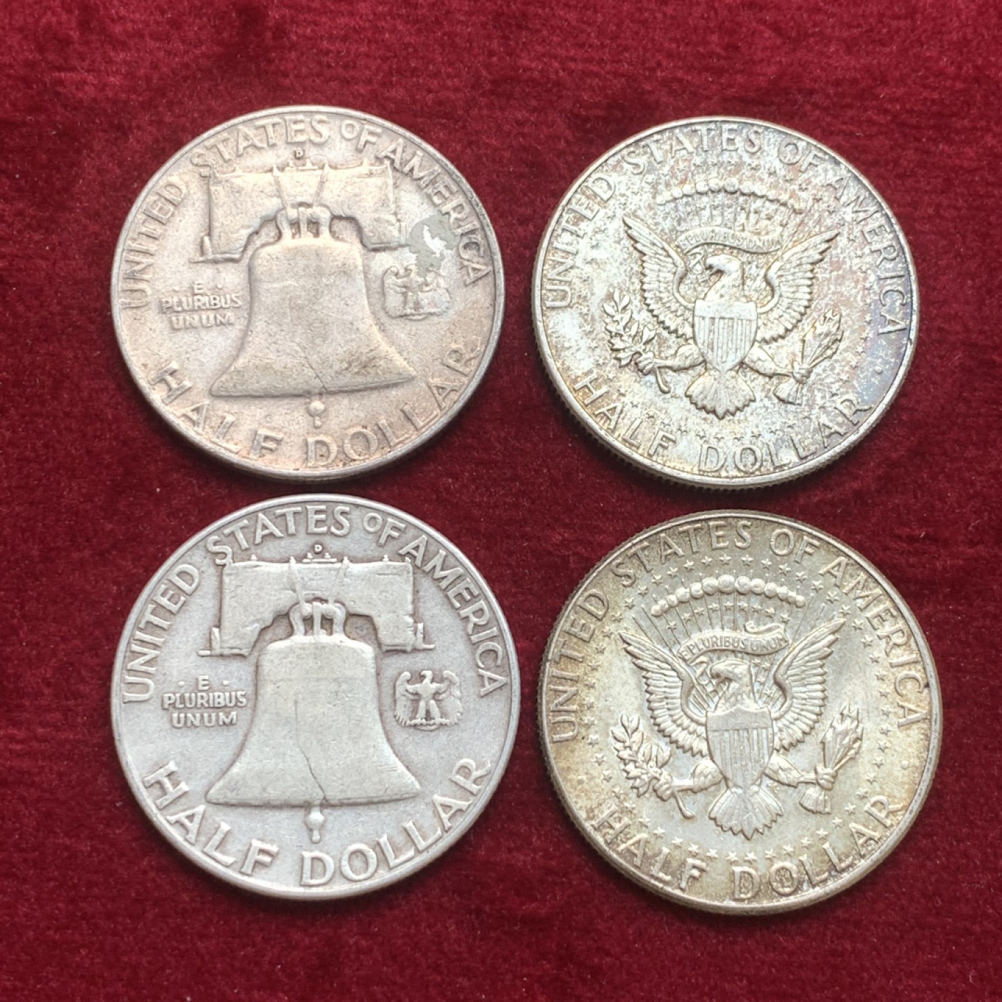 《竞宝斋》第121场-周日，周一 ，2场连拍（全场包邮） 美国900银 银币4枚 2枚富兰克林半美元，2枚肯尼迪半美元 单枚12.5克 都是高银版 合计50克900银