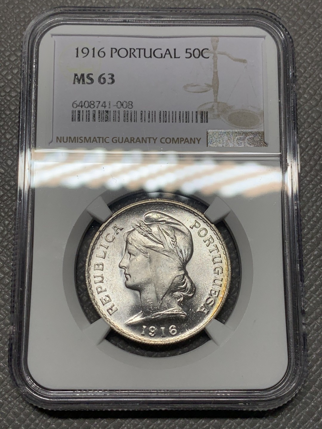 《竞宝斋》第121场-周日，周一 ，2场连拍（全场包邮） NGC-MS63 葡萄牙1916年 自由女神 50分银币 顶级品相