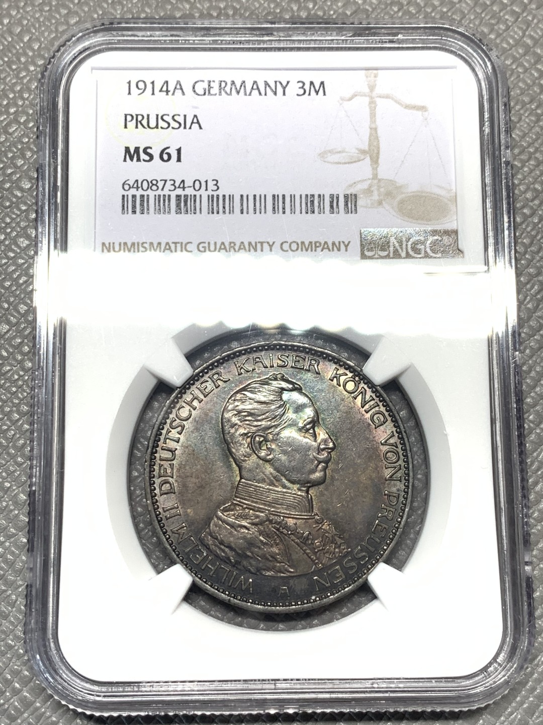 《竞宝斋》第121场-周日，周一 ，2场连拍（全场包邮） NGC-MS61 德国普鲁士1914年 军装版 3马克银币 深五彩包浆 顶级包浆