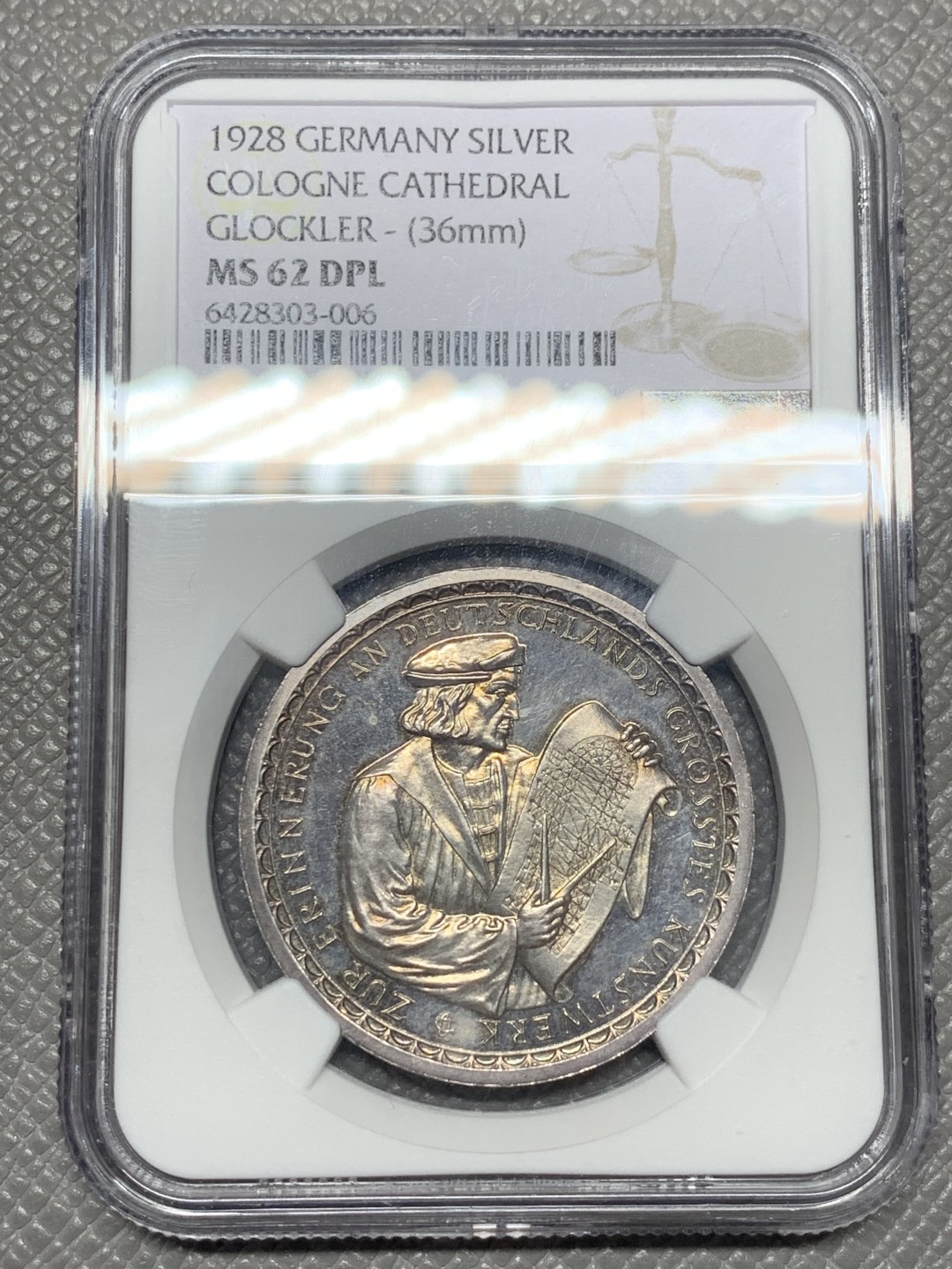 《竞宝斋》第121场-周日，周一 ，2场连拍（全场包邮） NGC MS62DPL 1928年德国科隆大教堂纪念银章 难得深镜面DPL底板