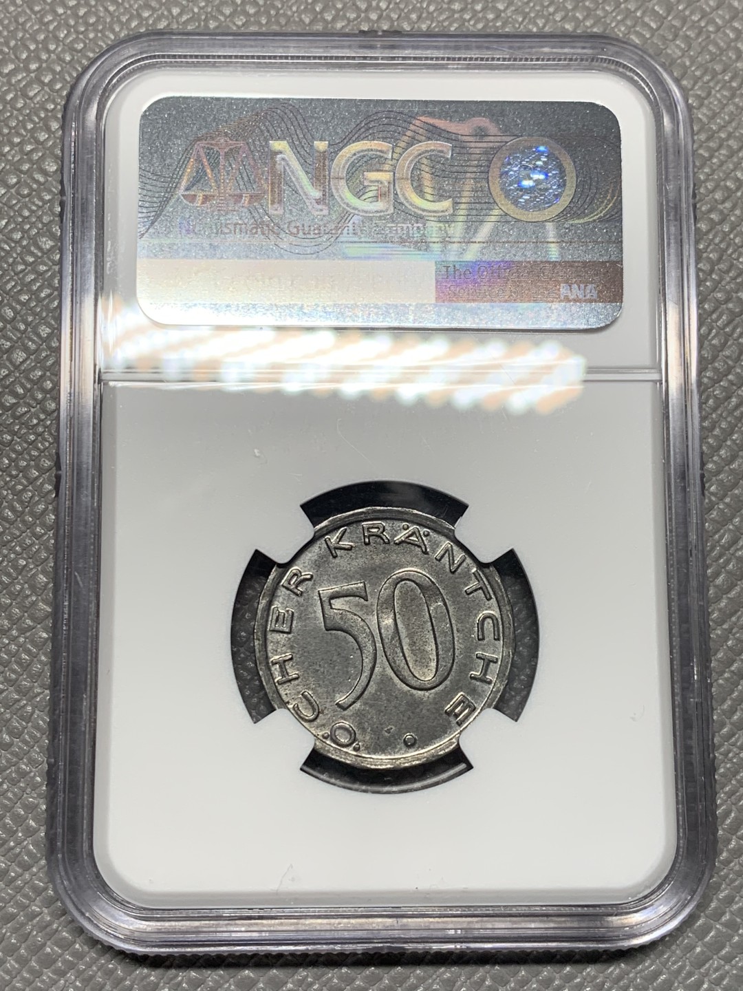 《竞宝斋》第121场-周日，周一 ，2场连拍（全场包邮） 冠军分 NGC-MS64 德紧小名誉品 德国亚琛1920年大嘴鹰50芬尼铁币