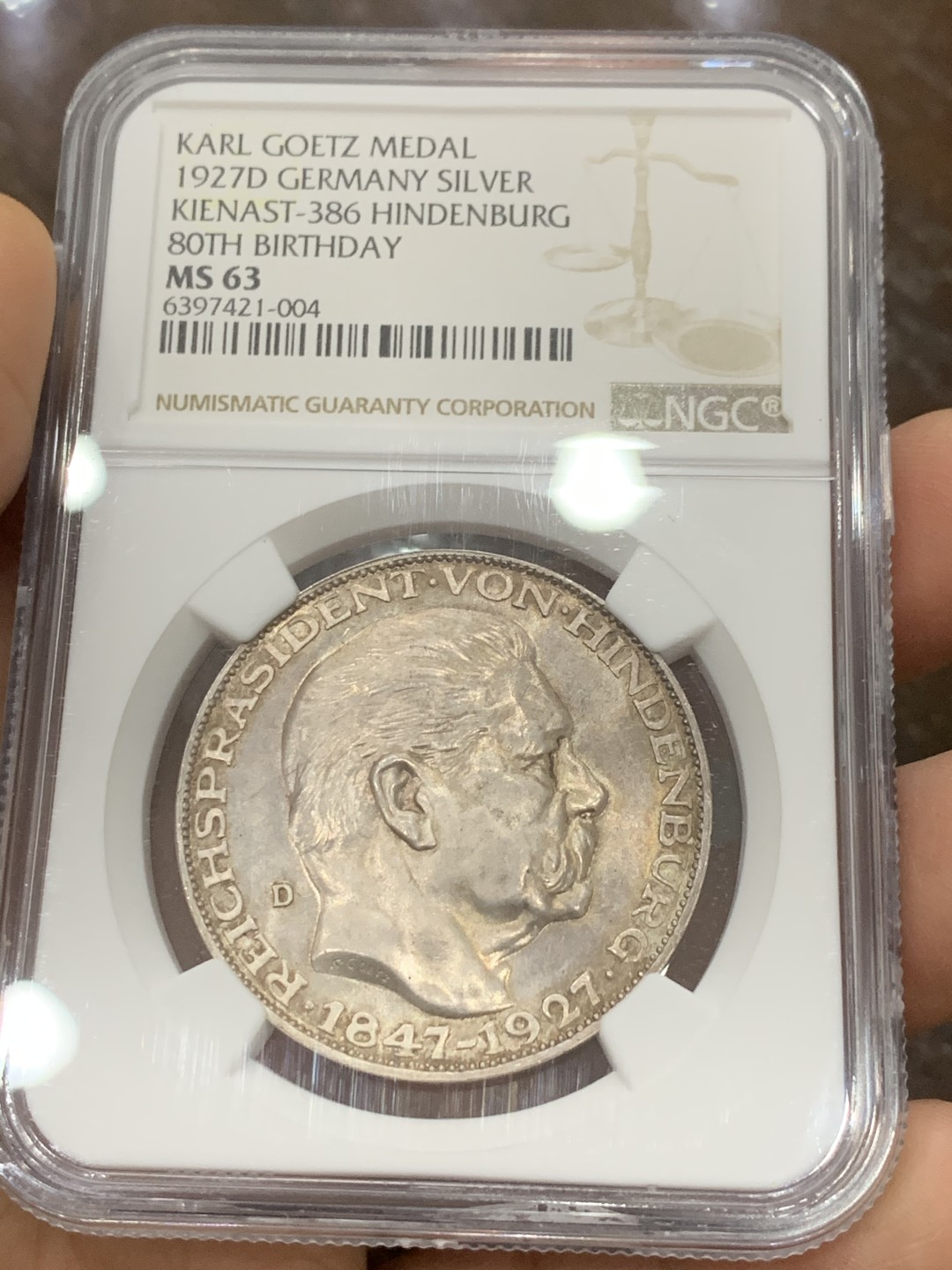 《竞宝斋》第121场-周日，周一 ，2场连拍（全场包邮） NGC-MS63 德国 1927年 兴登堡五马克形制银章 通体丝绸光，雕刻大师卡尔哥茨作品