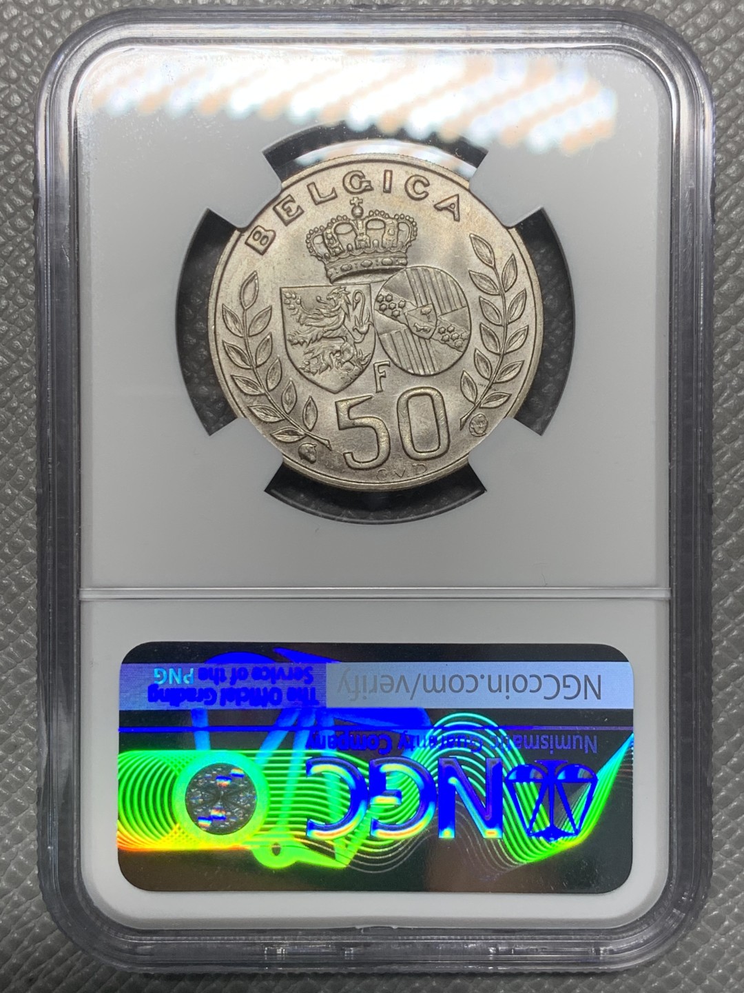 《竞宝斋》第121场-周日，周一 ，2场连拍（全场包邮） NGC-MS64 比利时1960年 金婚纪念 50法郎银币 顶级好品