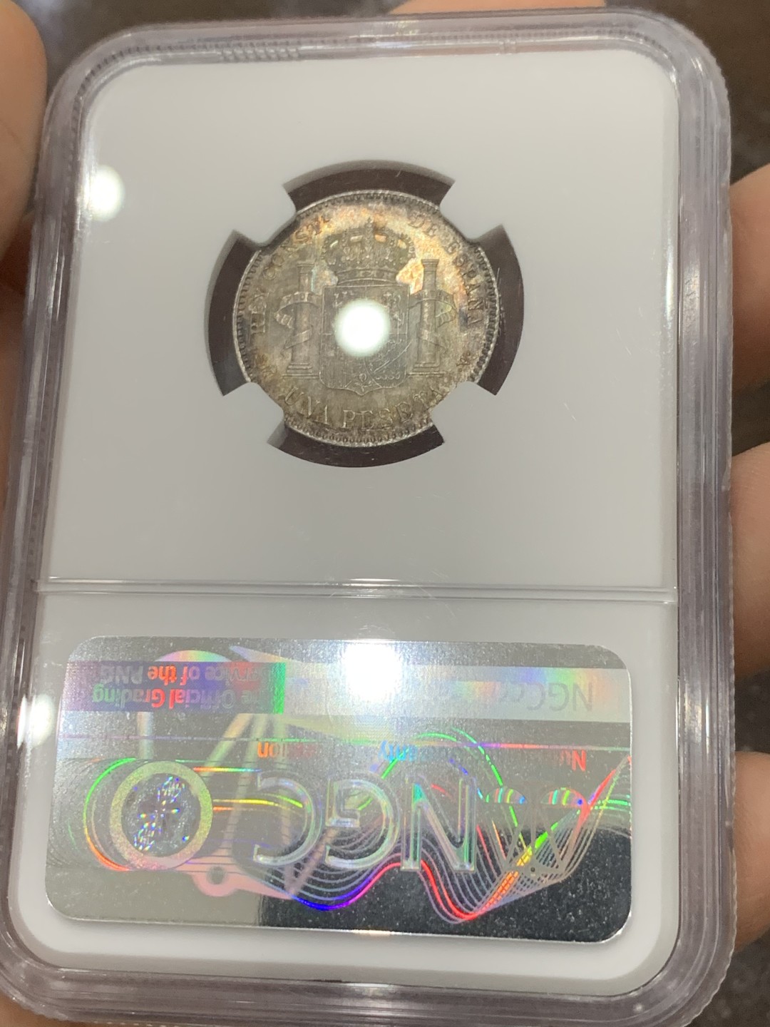 《竞宝斋》第121场-周日，周一 ，2场连拍（全场包邮） NGC MS63 西班牙 1900 阿方索十三世 1比塞塔 银币 正反深五彩 比起5P 少见太多 这枚太漂亮