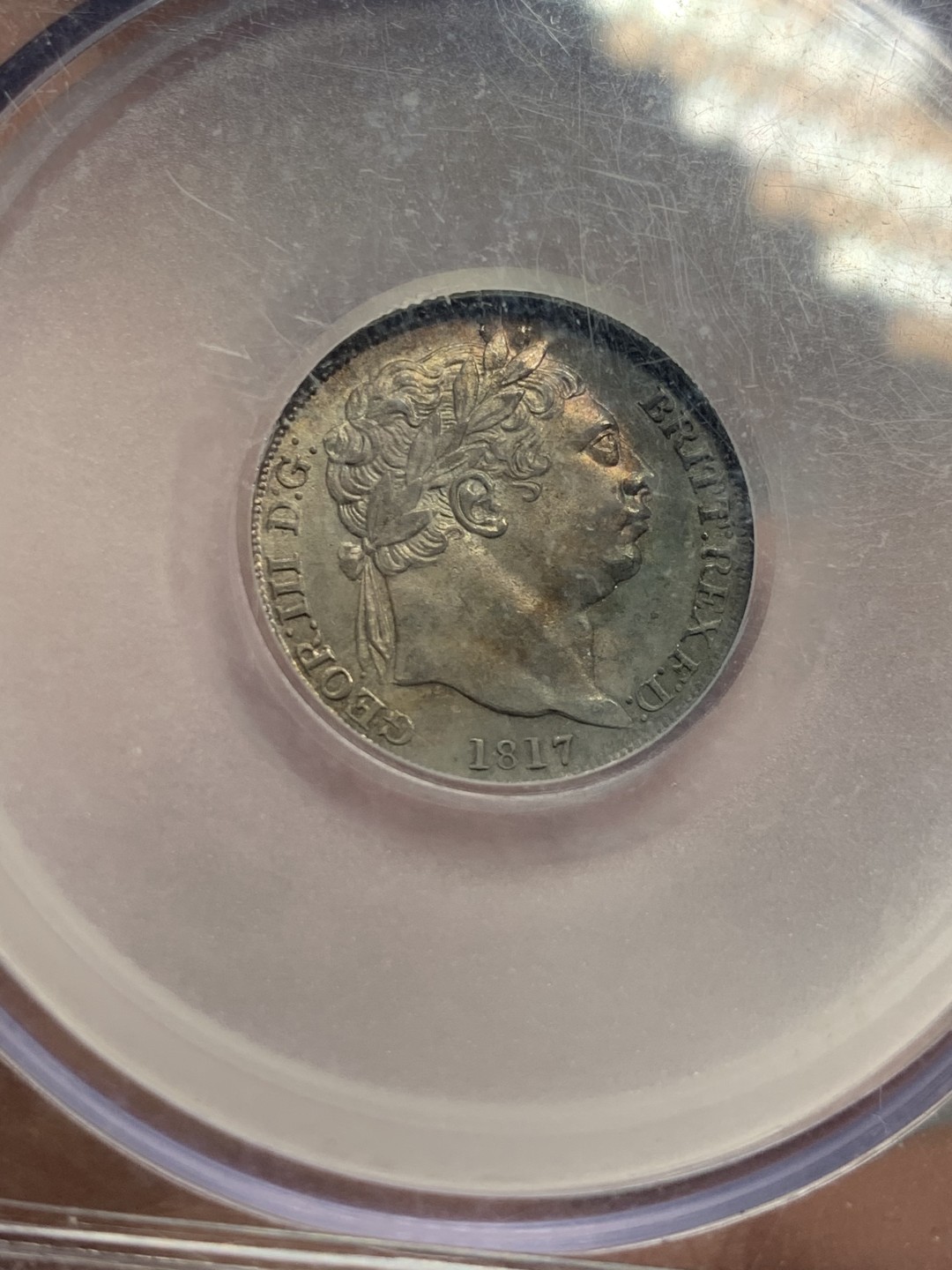 《竞宝斋》第121场-周日，周一 ，2场连拍（全场包邮） 英国 本土评级CGS UNC80  1817年 乔三 6便士银币 深彩包浆细节好