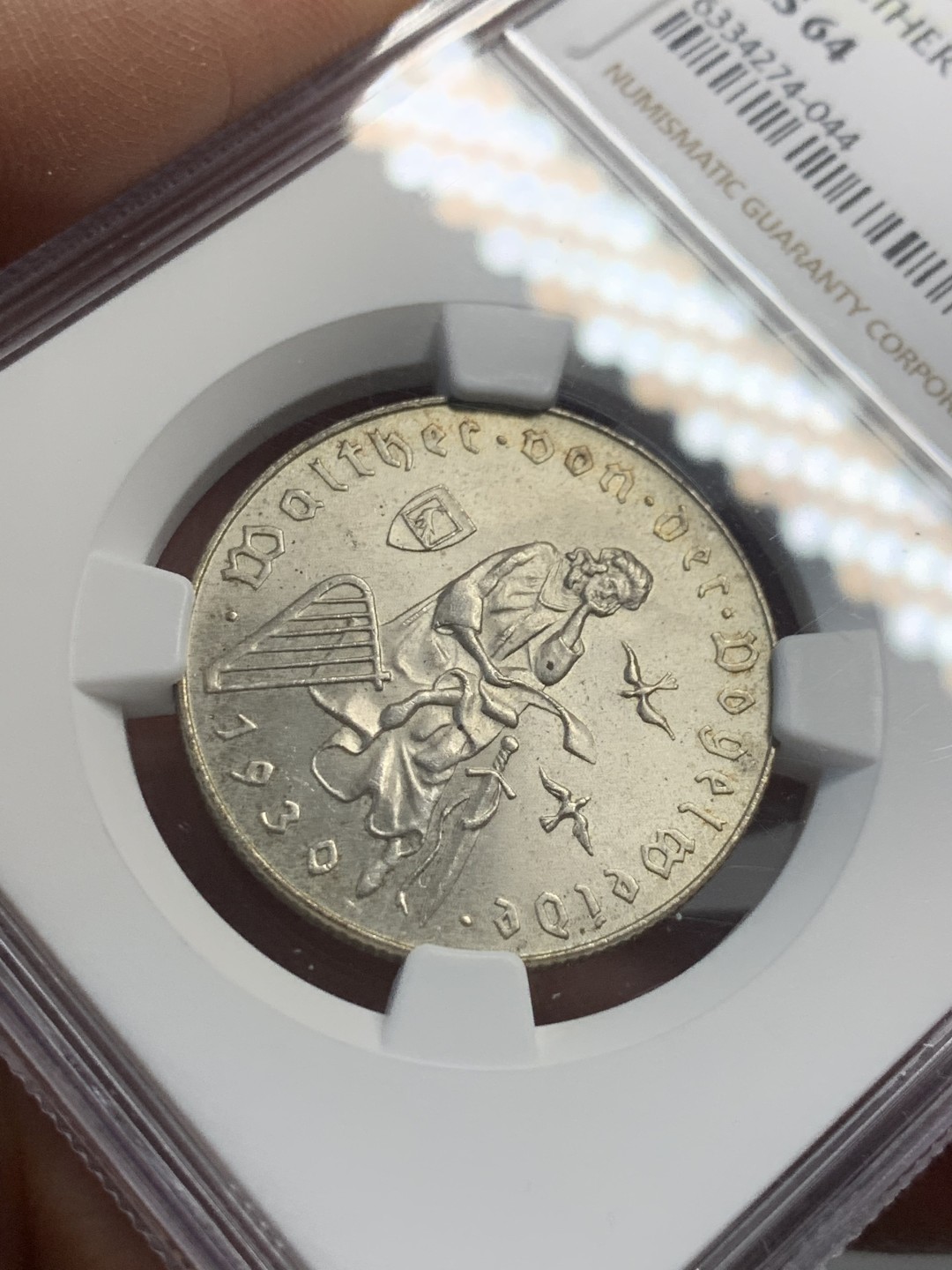 《竞宝斋》第121场-周日，周一 ，2场连拍（全场包邮） NGC-MS64 奥地利1930年游吟诗人瓦尔特2先令银币