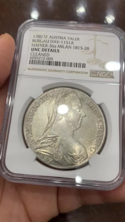 《竞宝斋》第121场-周日，周一 ，2场连拍（全场包邮） NGC UNC评级 奥地利 1780年原铸大奶妈 米兰版 发行时间在1815-1828年 目录编号36a