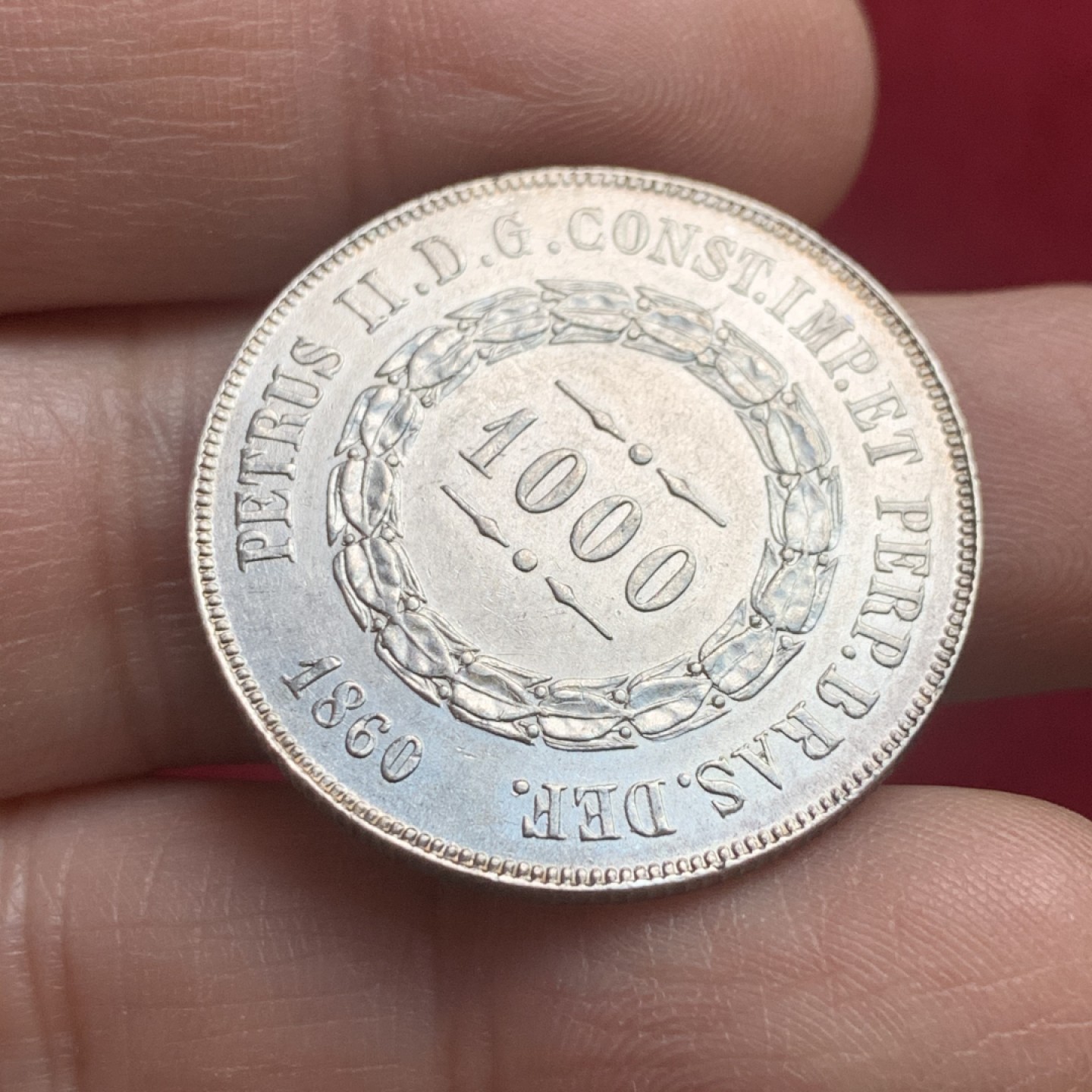 《竞宝斋》第121场-周日，周一 ，2场连拍（全场包邮） 巴西 1860年 1000瑞斯银币 少见品种 充满拉美风情 状态很不错