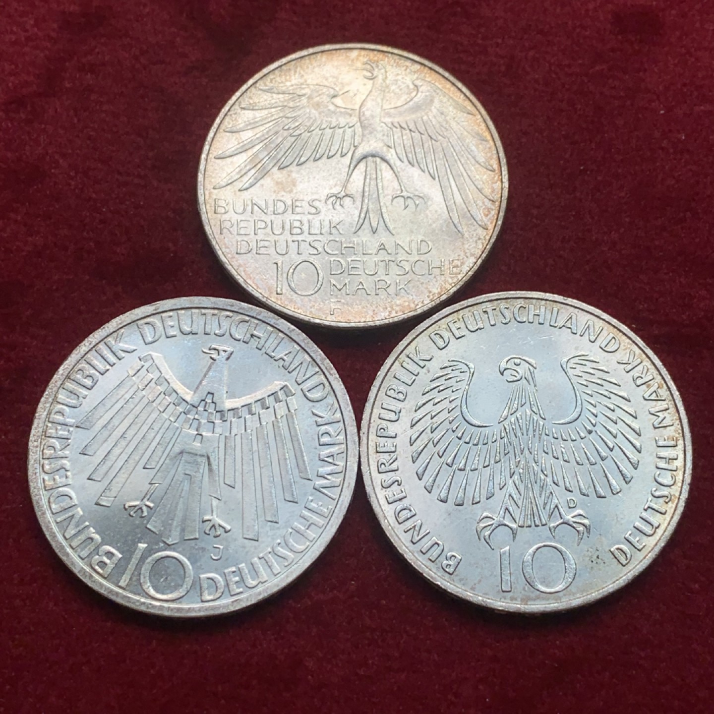 《竞宝斋》第121场-周日，周一 ，2场连拍（全场包邮） 德国1972年慕尼黑奥运会纪念10马克银币一组3枚 单枚重量15.5克