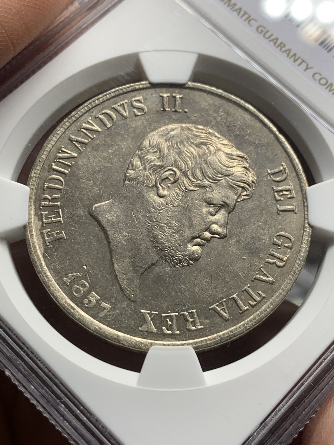 《竞宝斋》第121场-周日，周一 ，2场连拍（全场包邮） NGC-MS61 意大利-那不勒斯 1857年 120G 大银币 XF也不算多，这个MS61 很不错了