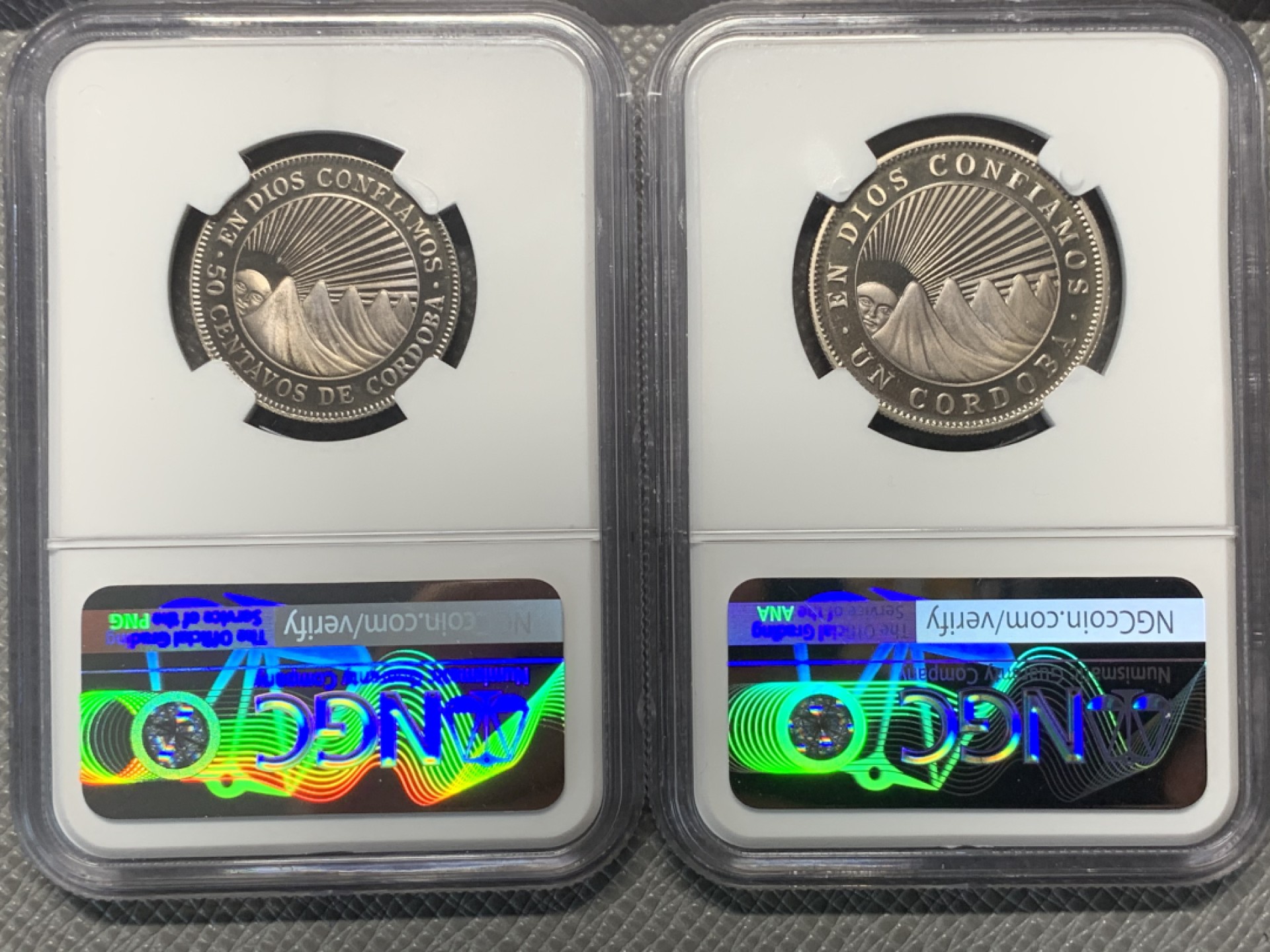 《竞宝斋》第121场-周日，周一 ，2场连拍（全场包邮） 五枚全套NGC-PF66 尼加拉瓜1972年 五岳精制币 其中5分是错版 非常非常稀少