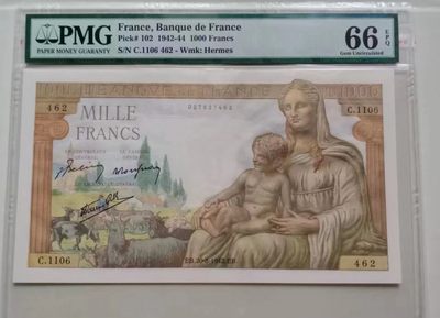世家收藏第十八期“世界杯”号邮票钱币专场（自动截拍） - 法国1942～1944年版1000法郎PMG66EPQ 墨丘利 精美