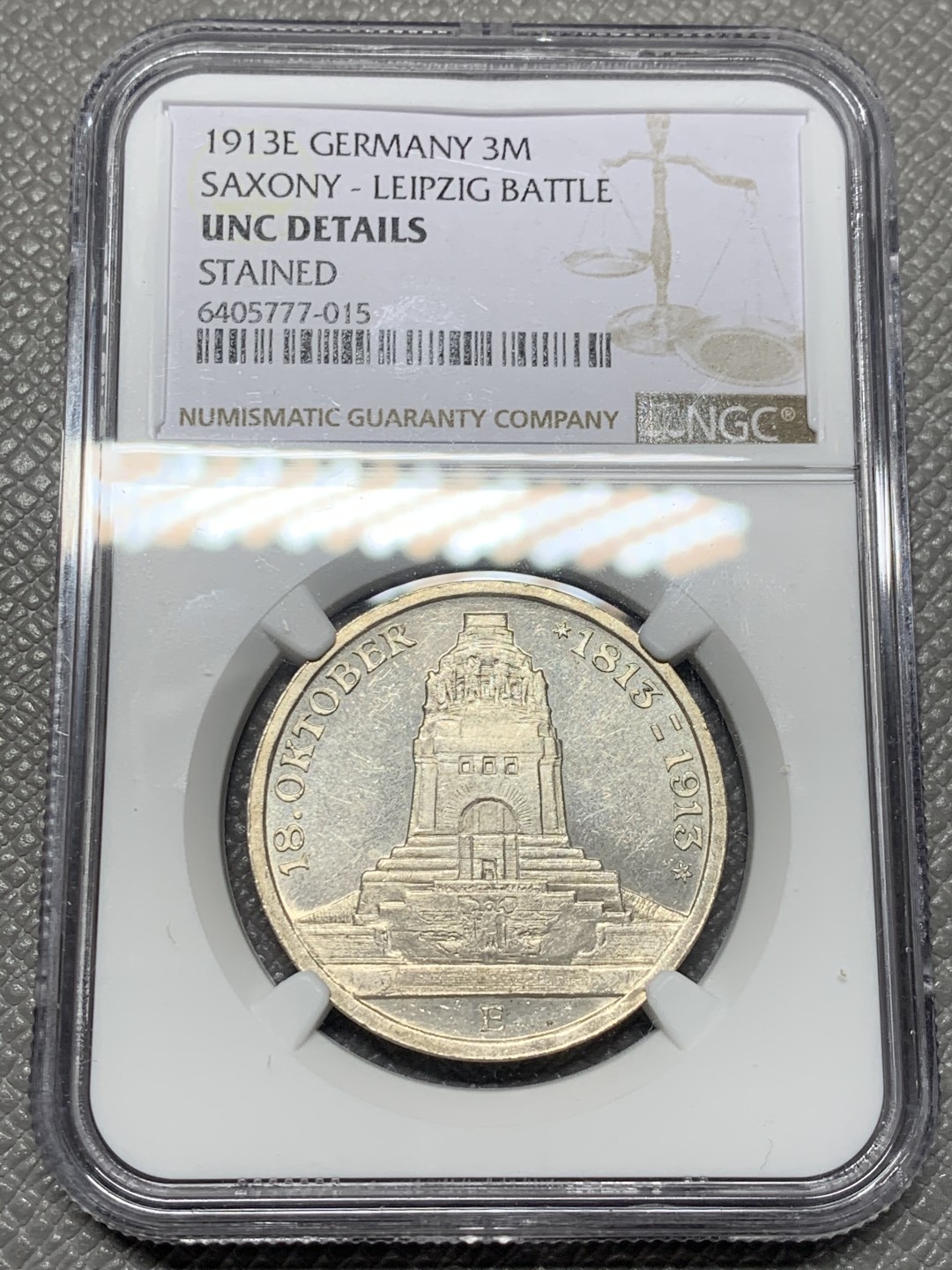 《竞宝斋》第121场-周日，周一 ，2场连拍（全场包邮） NGC-UNC 德国 1913年 莱比锡纪功碑3马克 银币