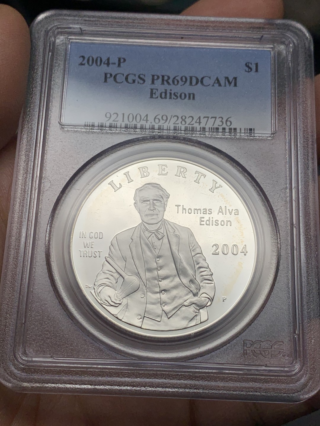 《竞宝斋》第121场-周日，周一 ，2场连拍（全场包邮） PCGS PR69 DC 美国 2004年 爱迪生 发明灯泡 125周年纪念 大银币 高分好状态