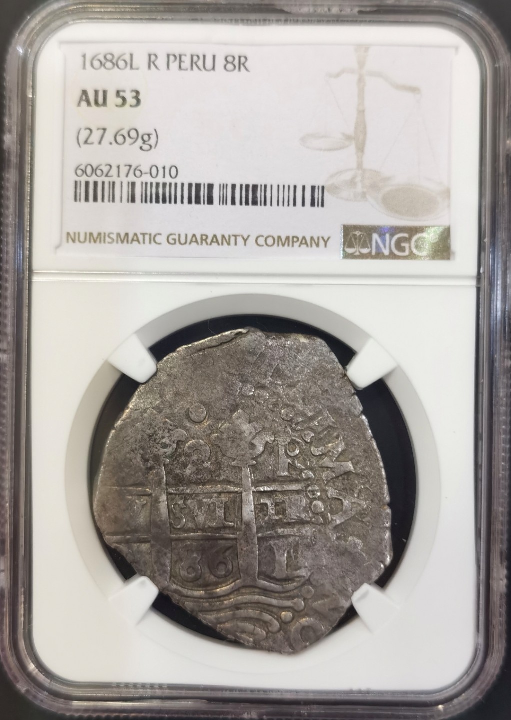 博洋堂世界钱币拍卖第008期（全场包邮） NGC AU53 西属秘鲁1686年COB大银币8R，NGC冠军分