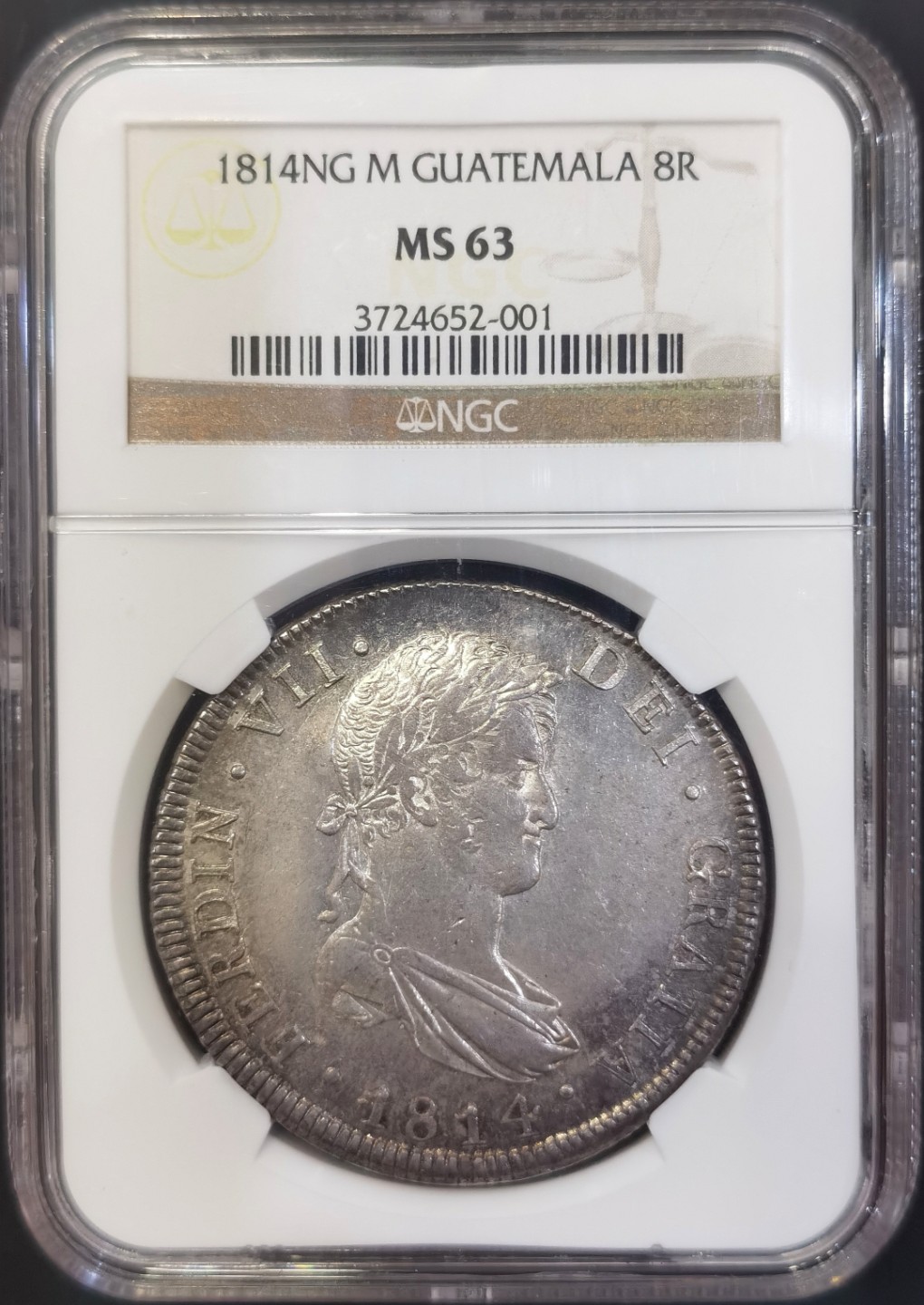 博洋堂世界钱币拍卖第008期（全场包邮） NGC MS63 西属危地马拉1814年费七双柱8R，真正收藏级双柱品种，NGC冠军分