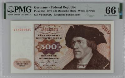 《张总收藏》83期——外币精品 - 德国500马克 PMG66E 1977年 德国画家汉斯·马勒的作品"男子肖像画" 名誉品大副