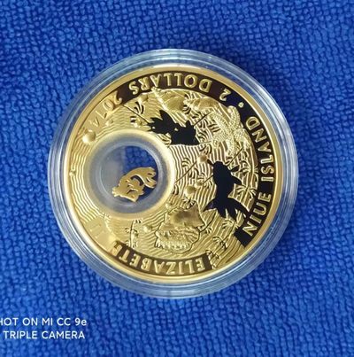 【海宁潮】第五十二期拍卖 - 【海寧潮A】纽埃2014，幸运钱币系列-“幸运金鱼”-金款，28.28克,镂空镶嵌活动银镀金金鱼幸运符,整体镀金精制银币. 盒证全. 金灿灿漂亮